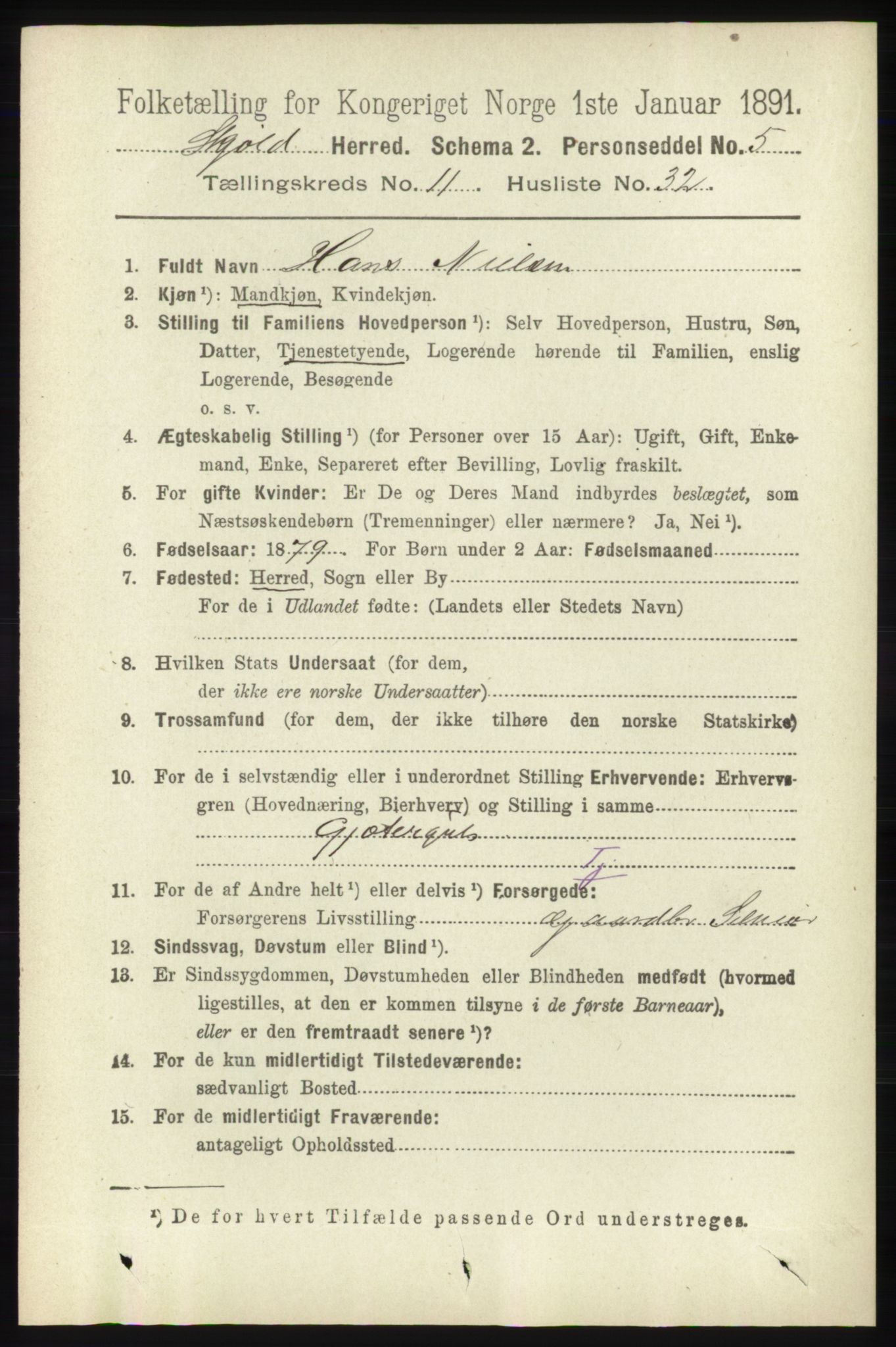 RA, 1891 census for 1154 Skjold, 1891, p. 2225