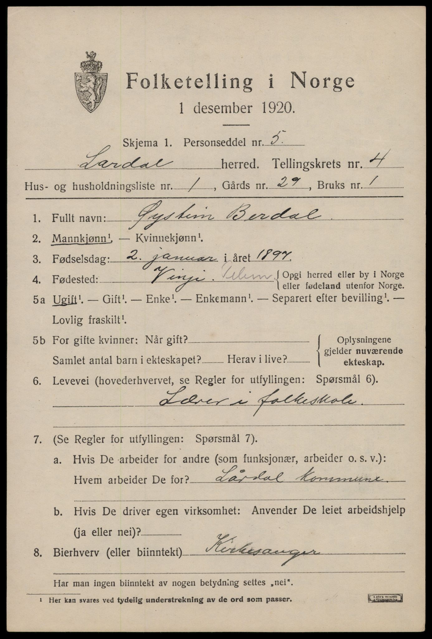 SAKO, 1920 census for Lårdal, 1920, p. 2149