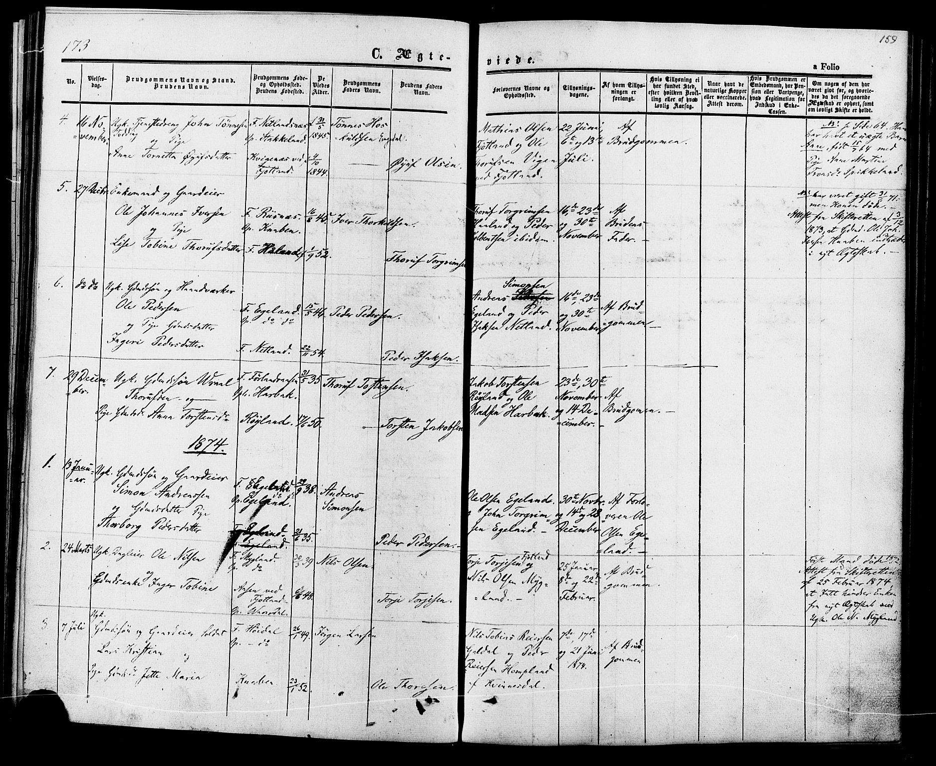 Fjotland sokneprestkontor, AV/SAK-1111-0010/F/Fa/L0001: Parish register (official) no. A 1, 1850-1879, p. 159