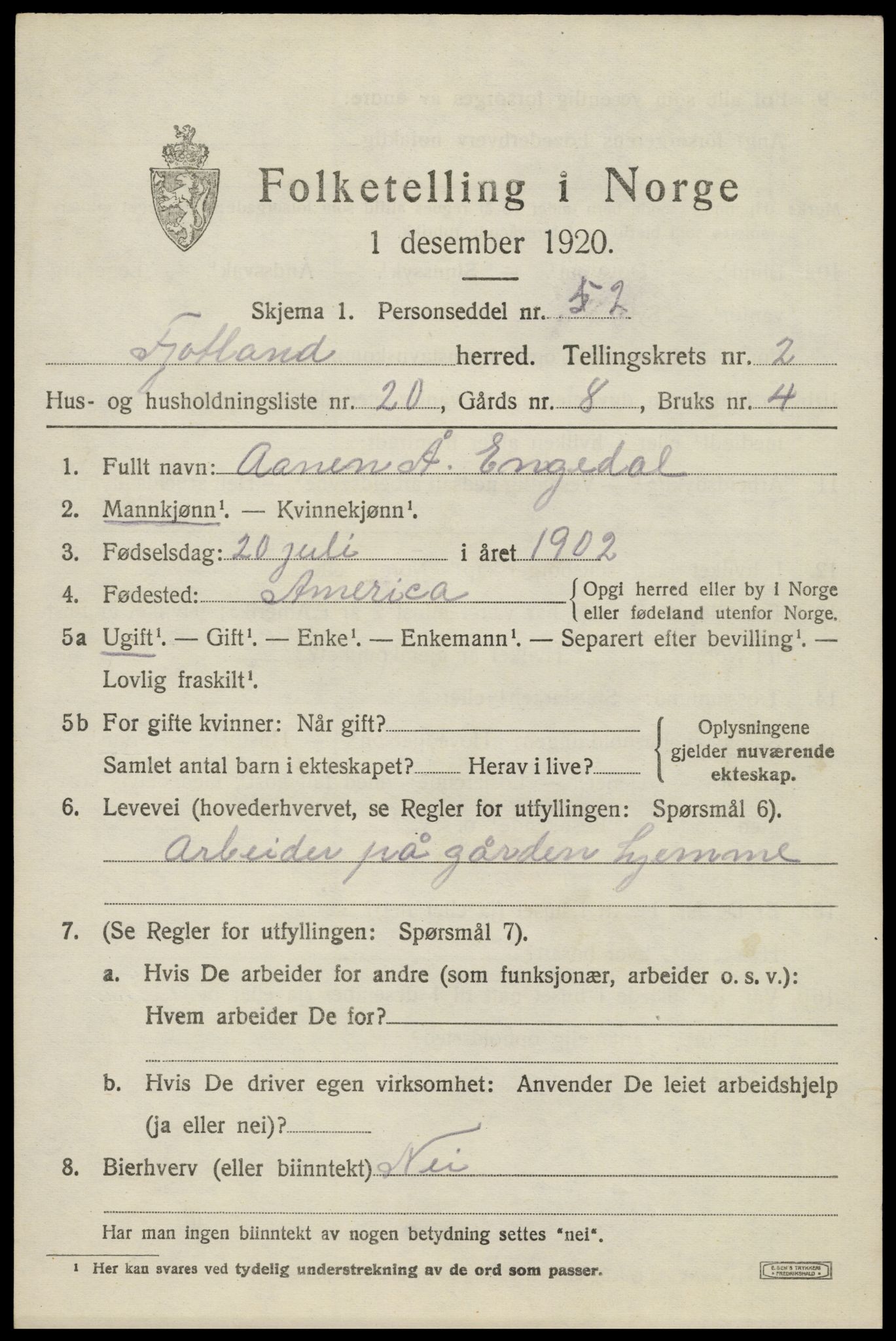 SAK, 1920 census for Fjotland, 1920, p. 896