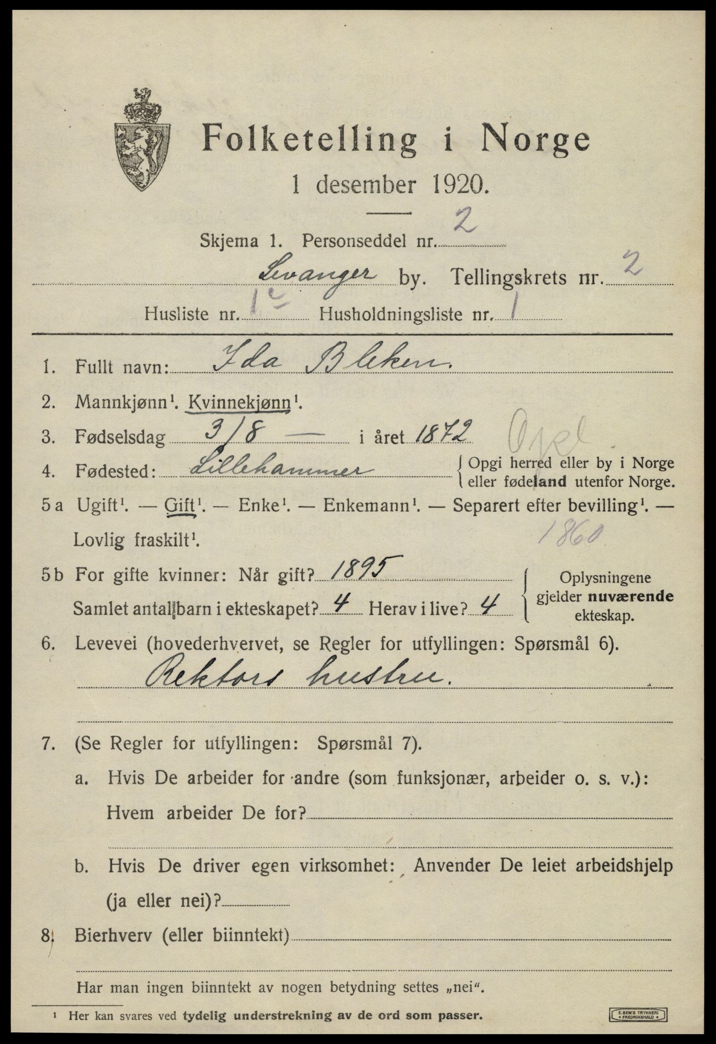 SAT, 1920 census for Levanger town, 1920, p. 2806