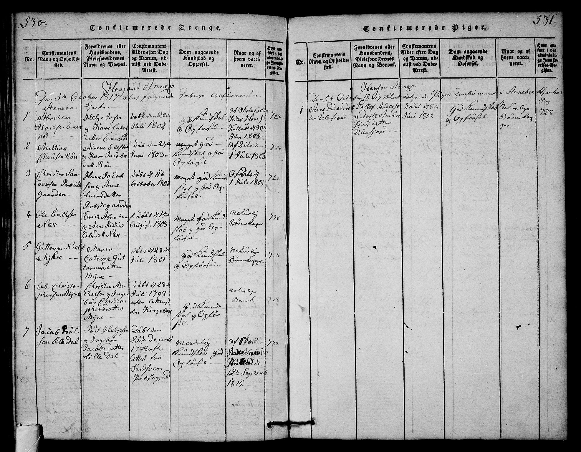 Andebu kirkebøker, AV/SAKO-A-336/G/Ga/L0001: Parish register (copy) no. I 1 /2, 1815-1823, p. 530-531