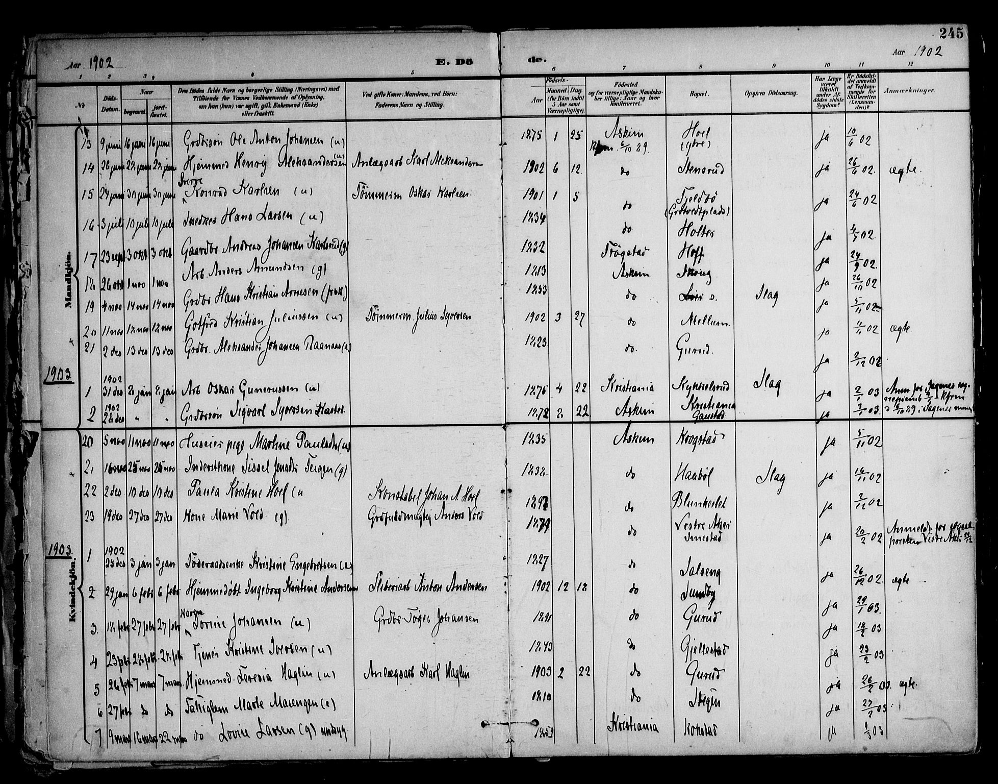 Askim prestekontor Kirkebøker, AV/SAO-A-10900/F/Fa/L0008: Parish register (official) no. 8, 1898-1912, p. 245