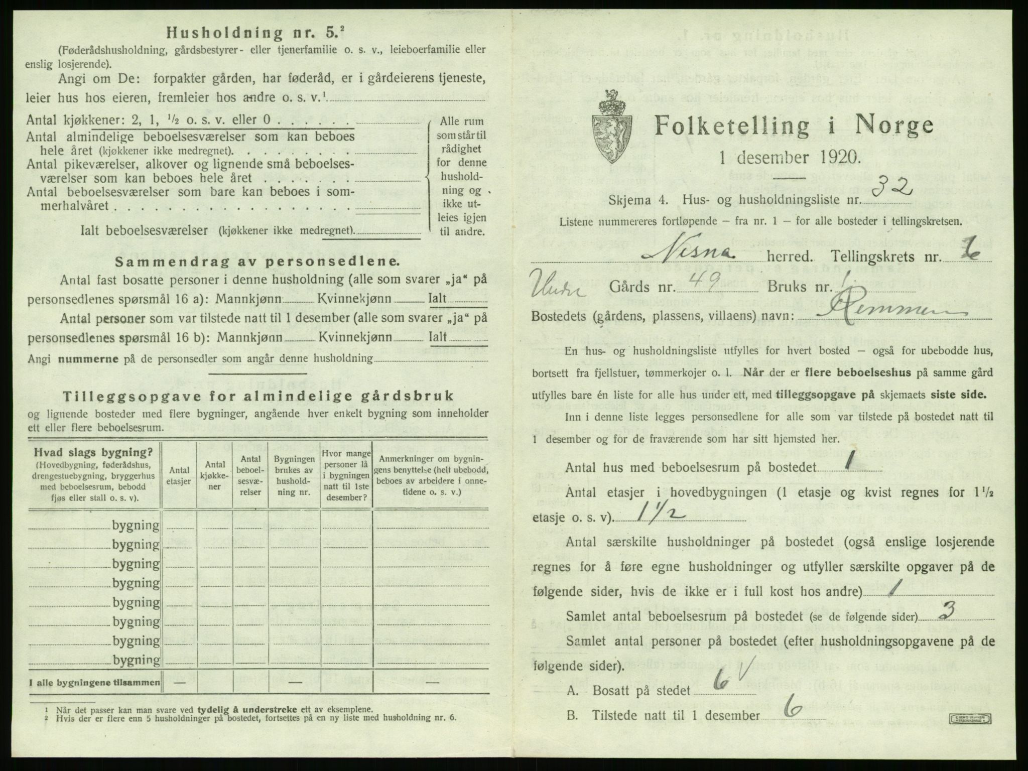 SAT, 1920 census for Nesna, 1920, p. 705