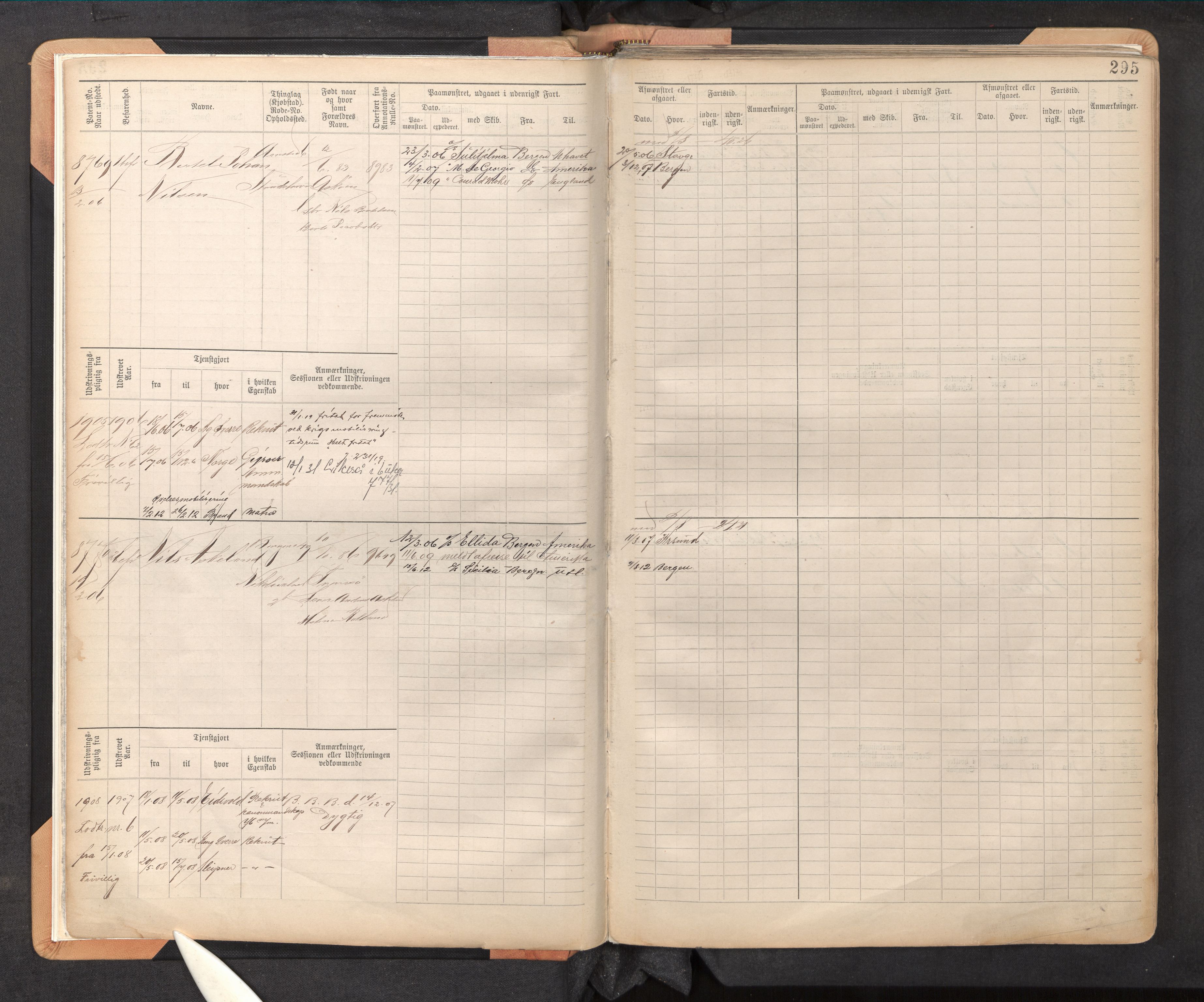 Innrulleringssjefen i Bergen, AV/SAB-A-100050/F/Fc/L0014: Sjøfartshovedrulle, nr. 8767 - 9346, 1900-1910, p. 295