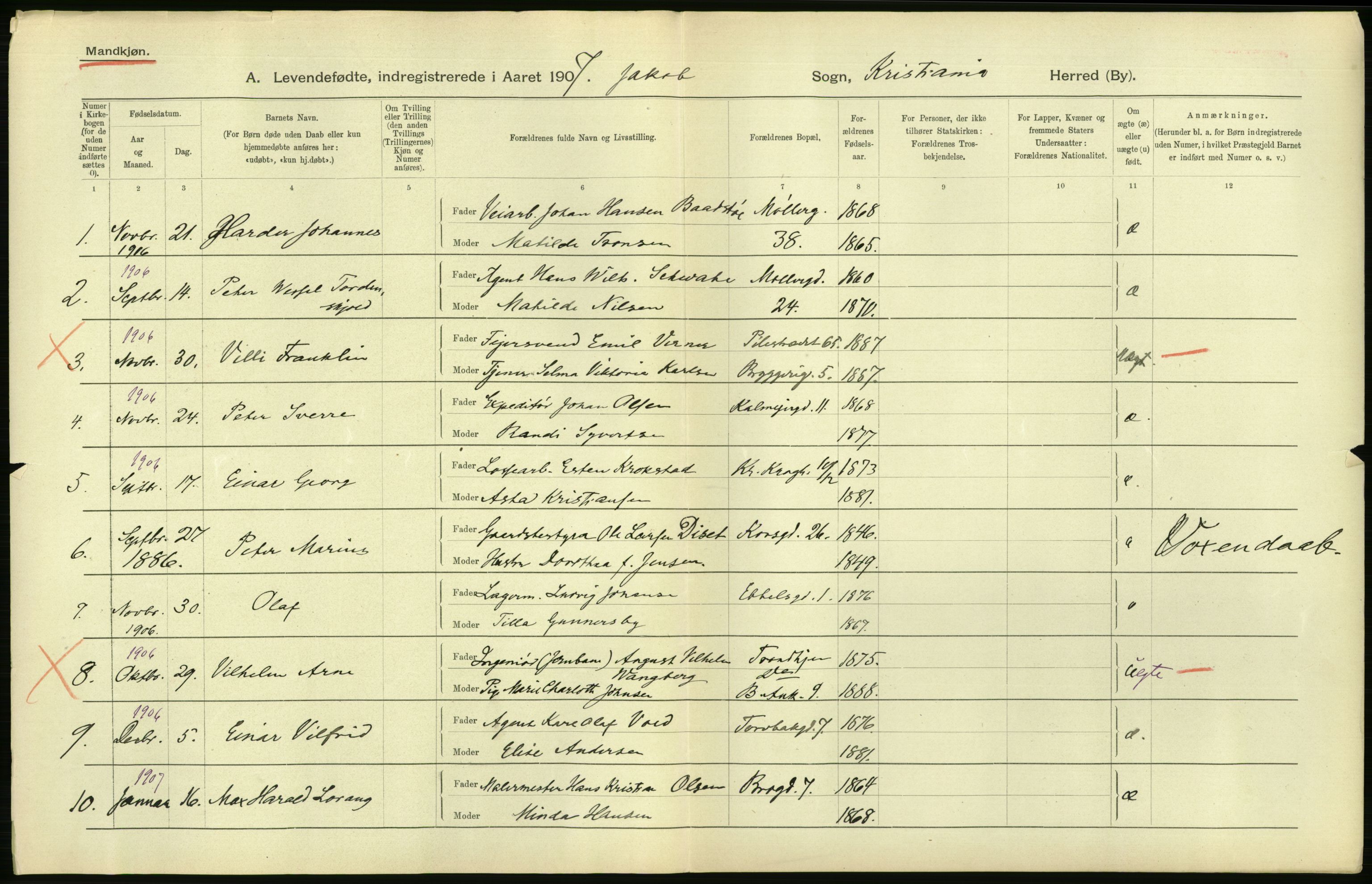 Statistisk sentralbyrå, Sosiodemografiske emner, Befolkning, AV/RA-S-2228/D/Df/Dfa/Dfae/L0007: Kristiania: Levendefødte menn og kvinner., 1907, p. 392