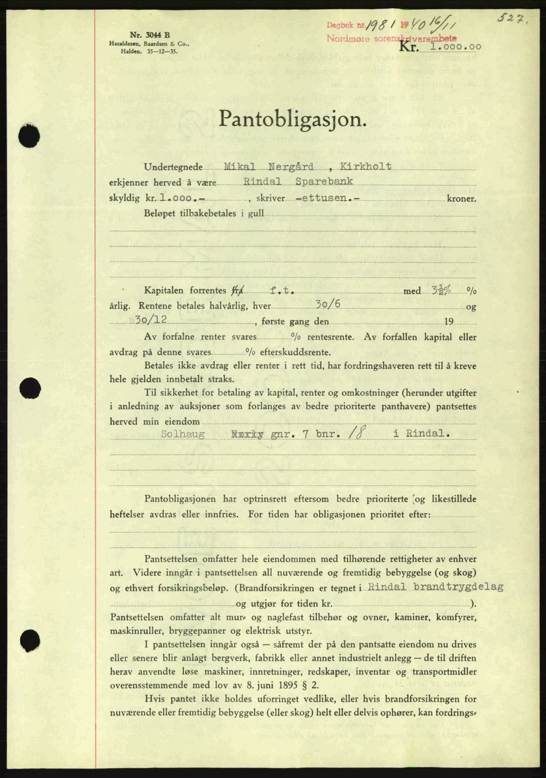 Nordmøre sorenskriveri, AV/SAT-A-4132/1/2/2Ca: Mortgage book no. B87, 1940-1941, Diary no: : 1981/1940