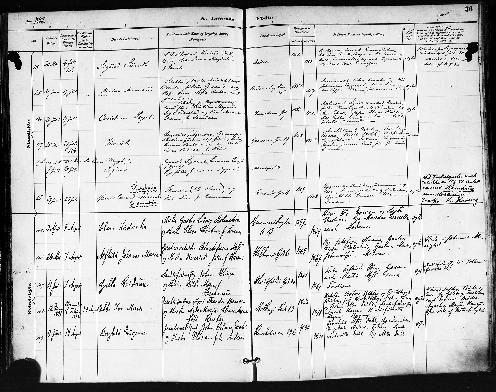 Trefoldighet prestekontor Kirkebøker, SAO/A-10882/F/Fa/L0006: Parish register (official) no. I 6, 1891-1899, p. 36