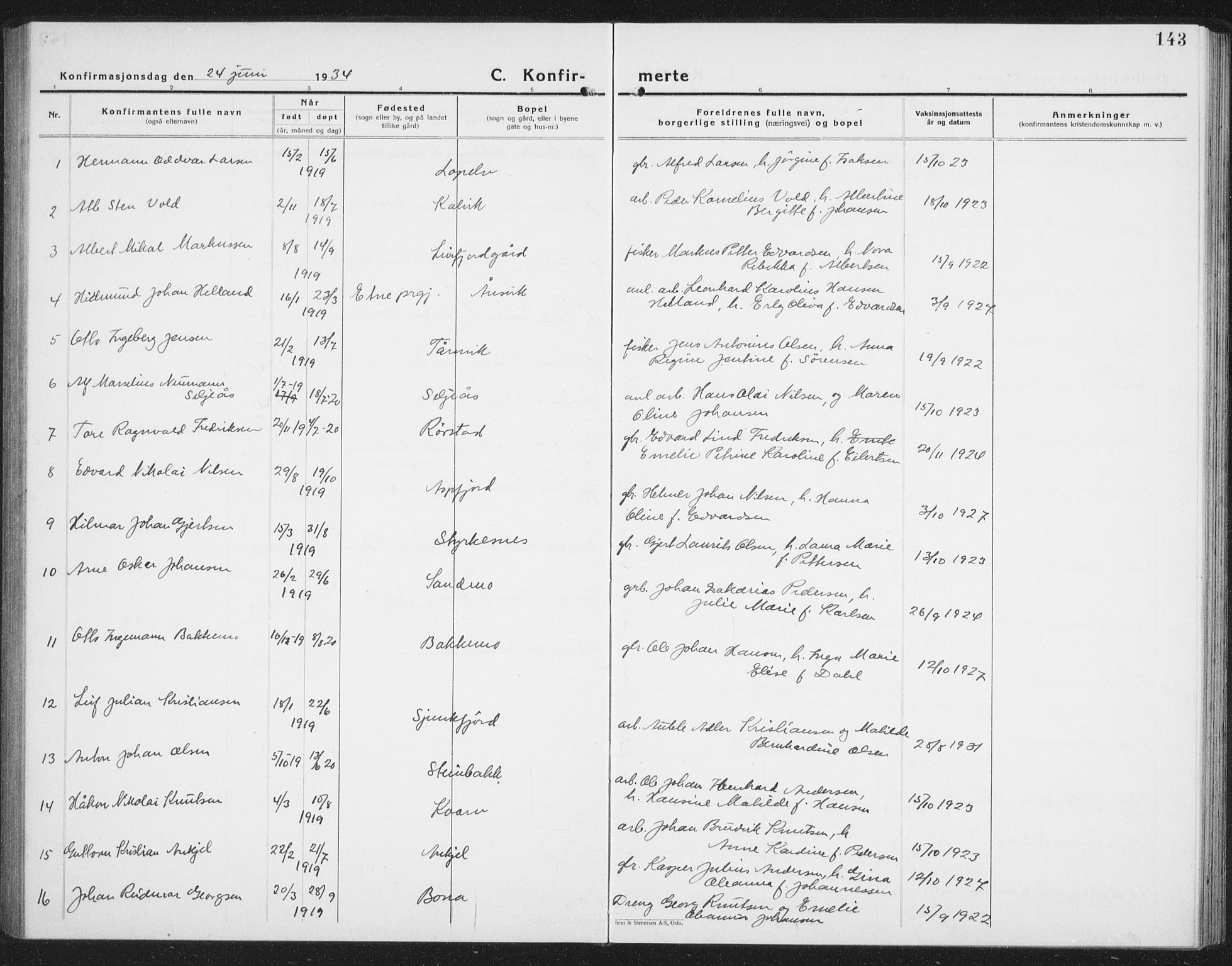 Ministerialprotokoller, klokkerbøker og fødselsregistre - Nordland, AV/SAT-A-1459/854/L0788: Parish register (copy) no. 854C04, 1926-1940, p. 143