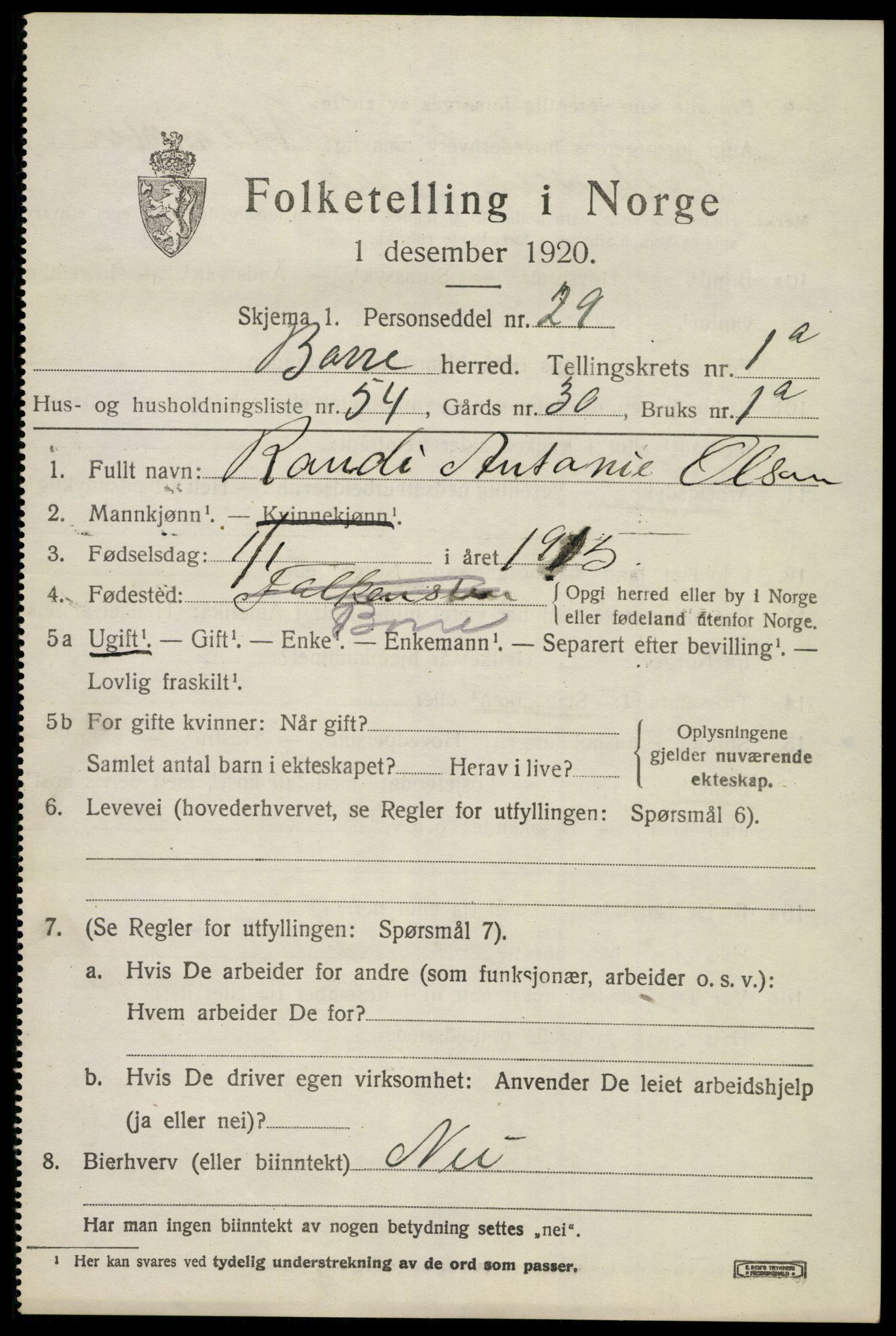 SAKO, 1920 census for Borre, 1920, p. 2100