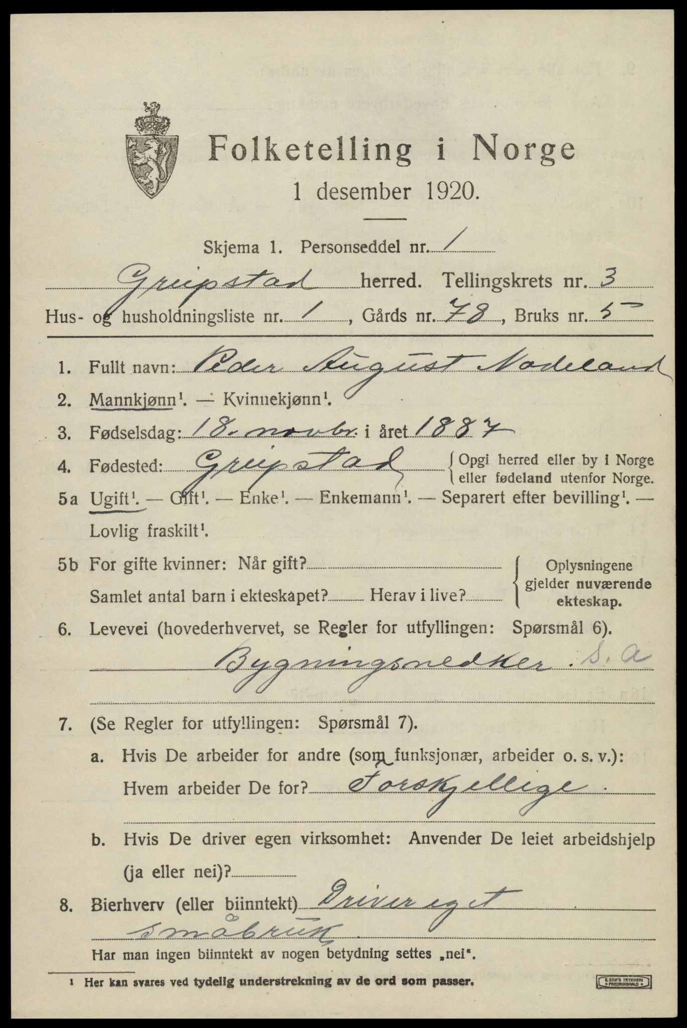 SAK, 1920 census for Greipstad, 1920, p. 1220