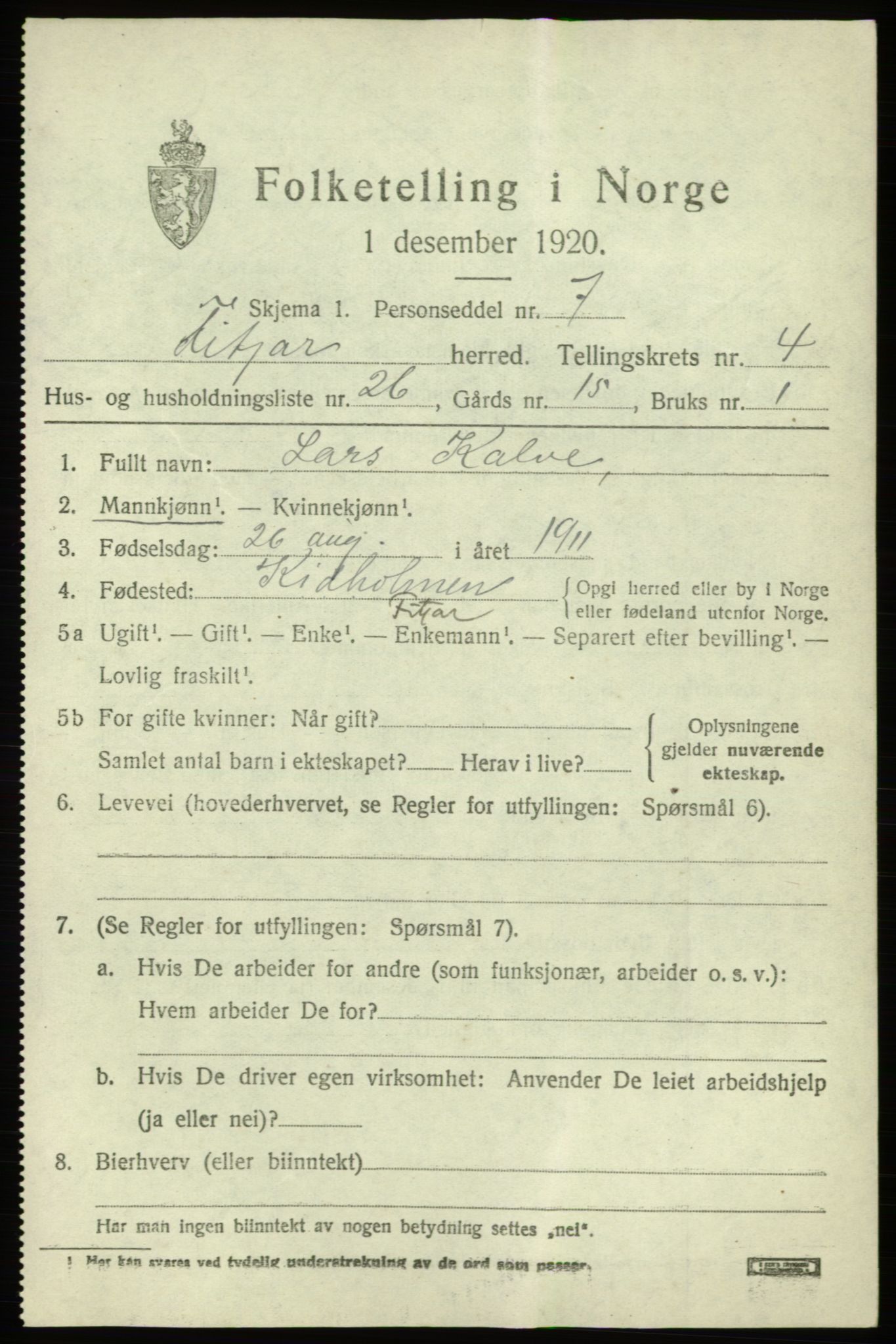 SAB, 1920 census for Fitjar, 1920, p. 2516