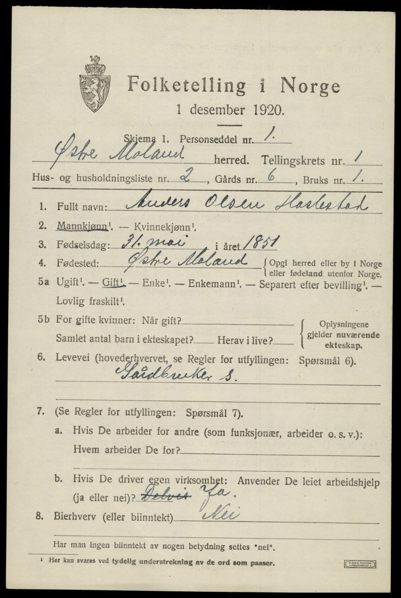 SAK, 1920 census for Austre Moland, 1920, p. 551