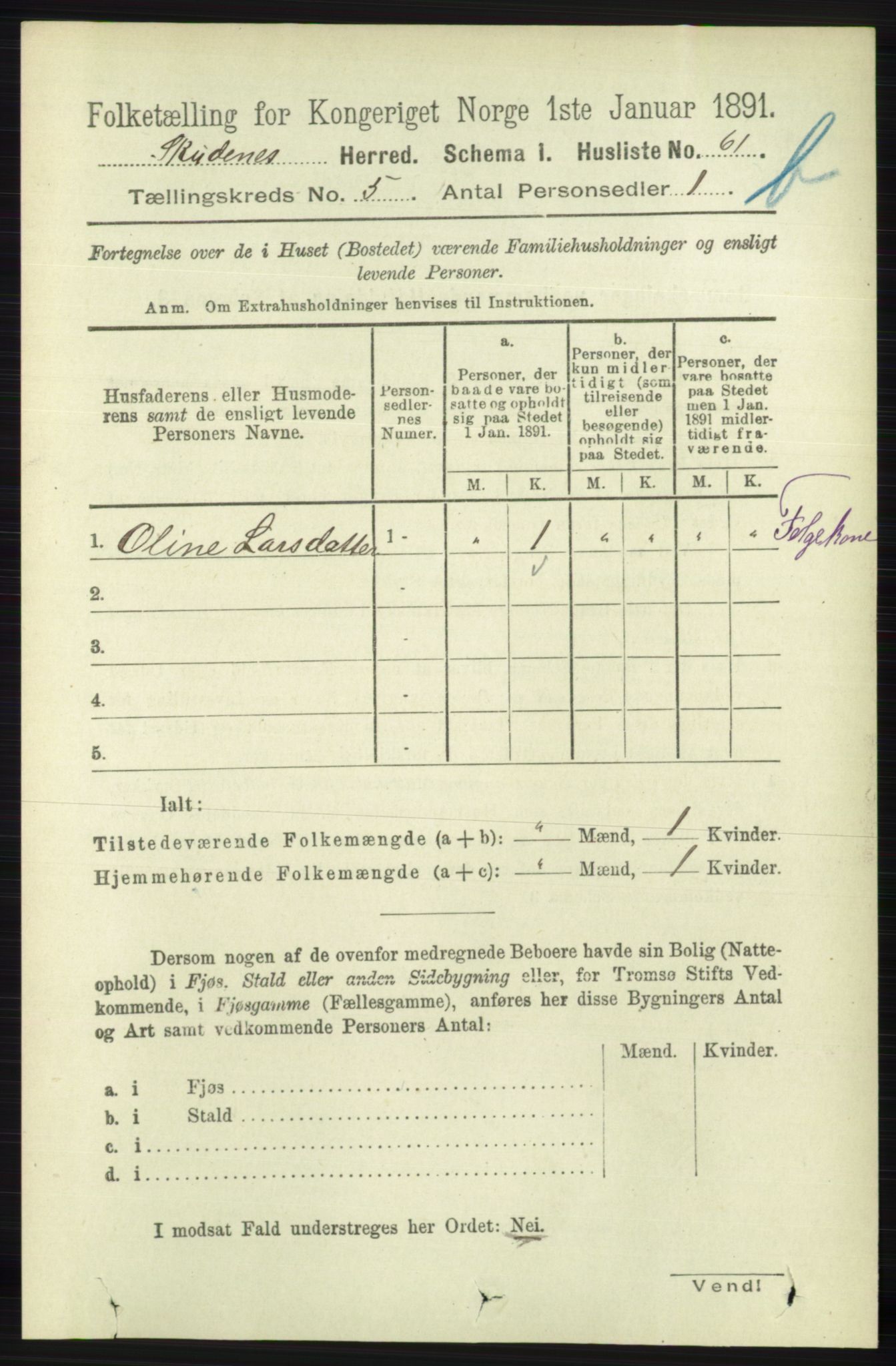 RA, 1891 census for 1150 Skudenes, 1891, p. 5226