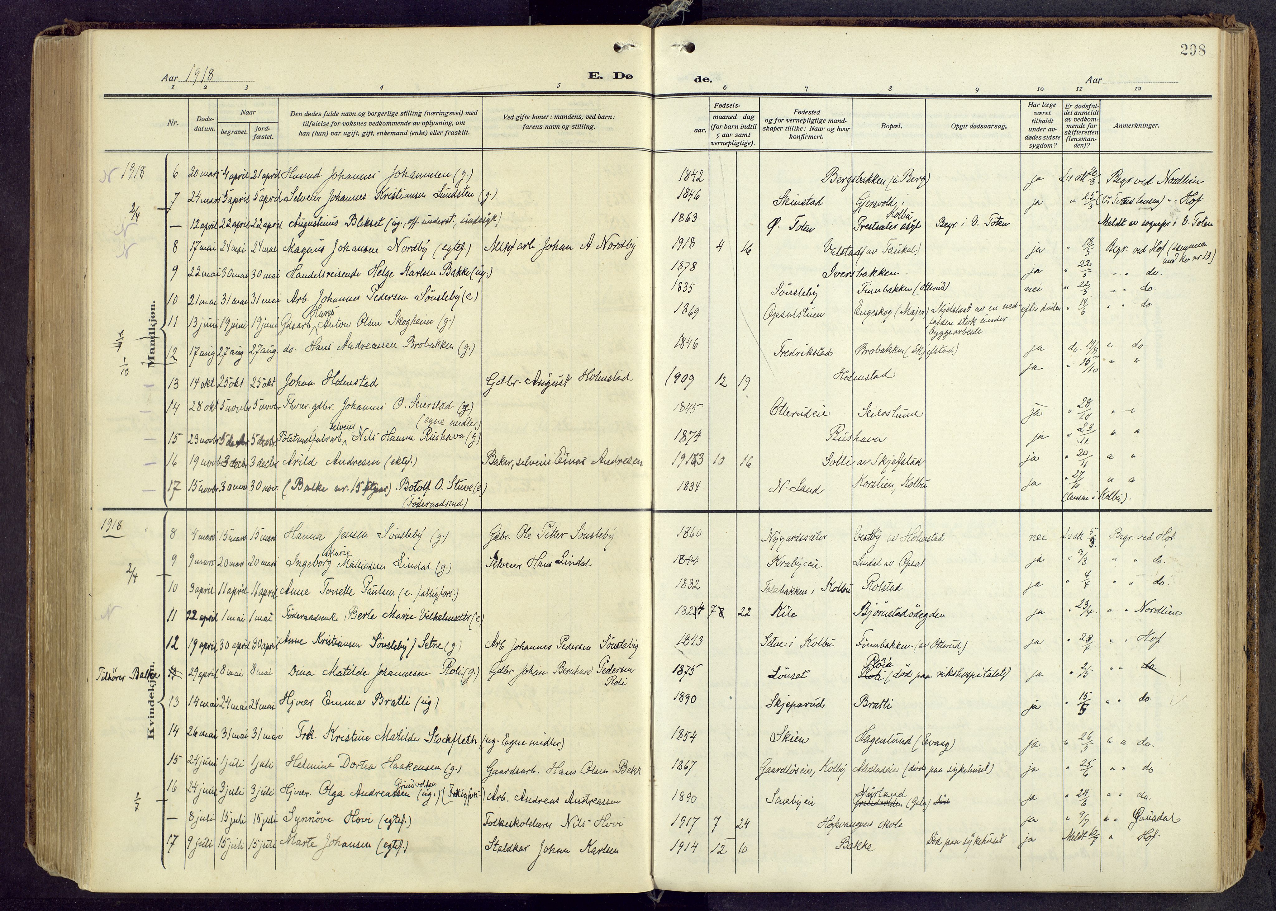 Østre Toten prestekontor, AV/SAH-PREST-104/H/Ha/Haa/L0010: Parish register (official) no. 10, 1910-1920, p. 298