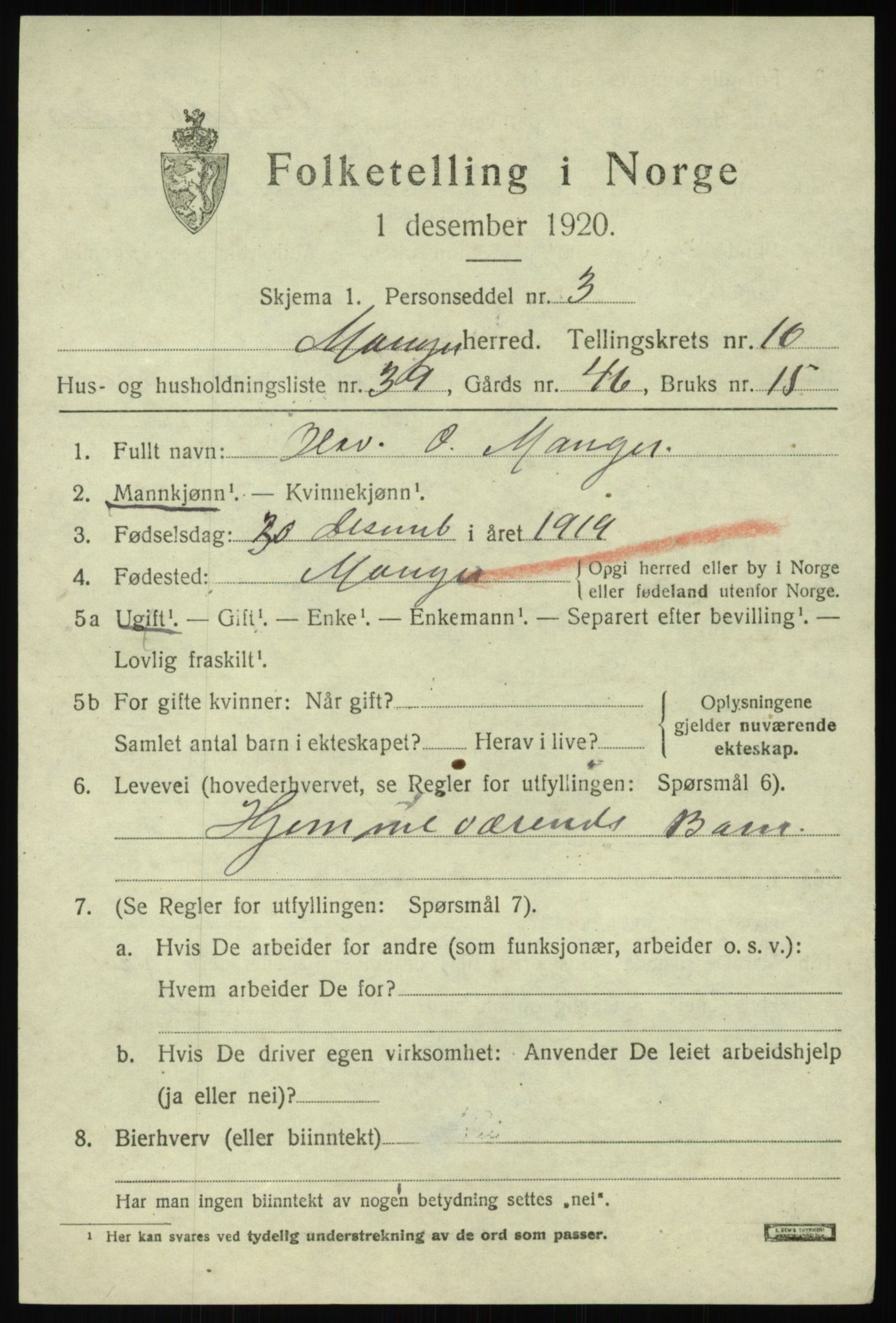 SAB, 1920 census for Manger, 1920, p. 6534