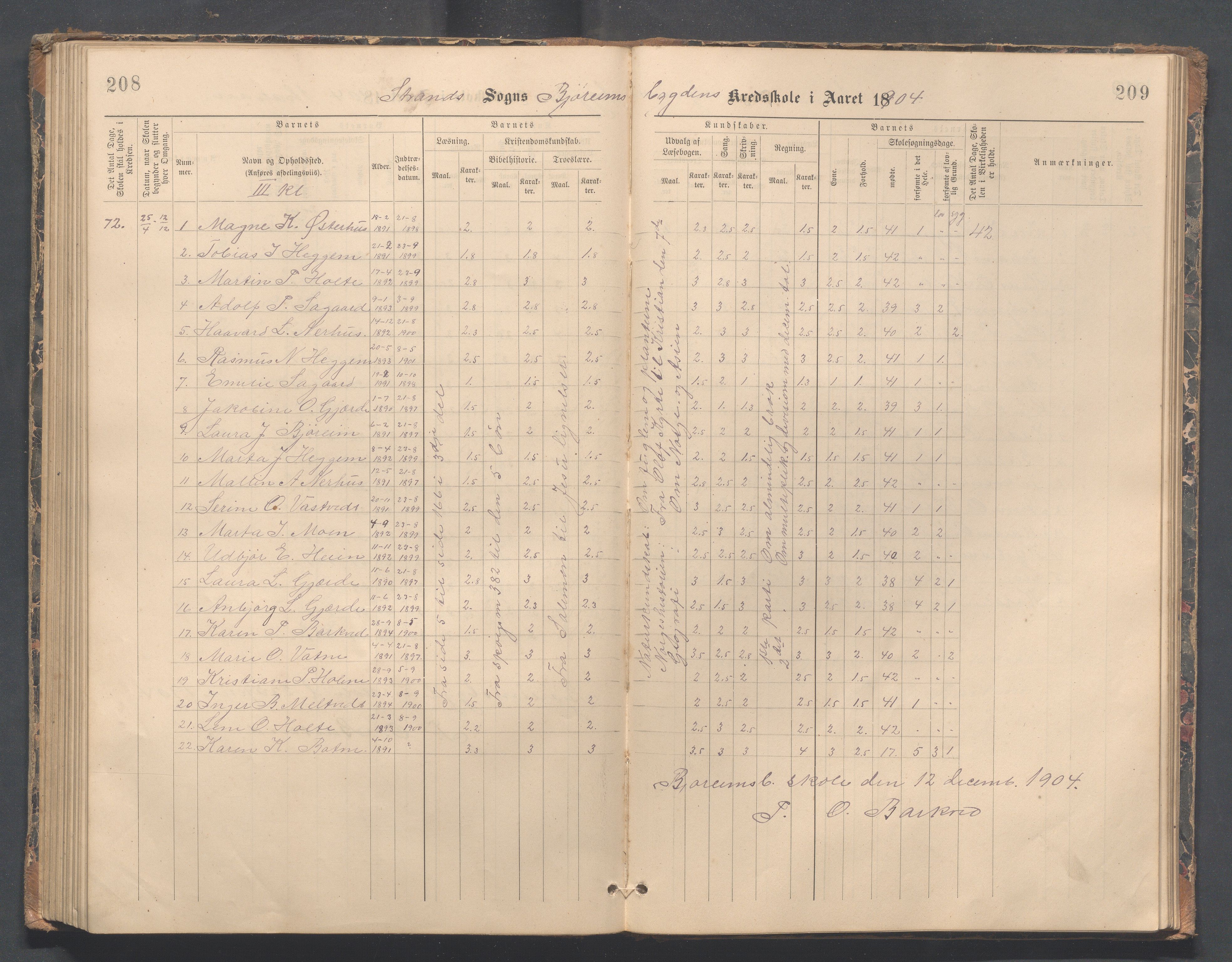 Strand kommune - Bjørheimsbygd skole, IKAR/A-147/H/L0002: Skoleprotokoll for Bjørheimsbygd og Lekvam krets, 1891-1907, p. 208-209