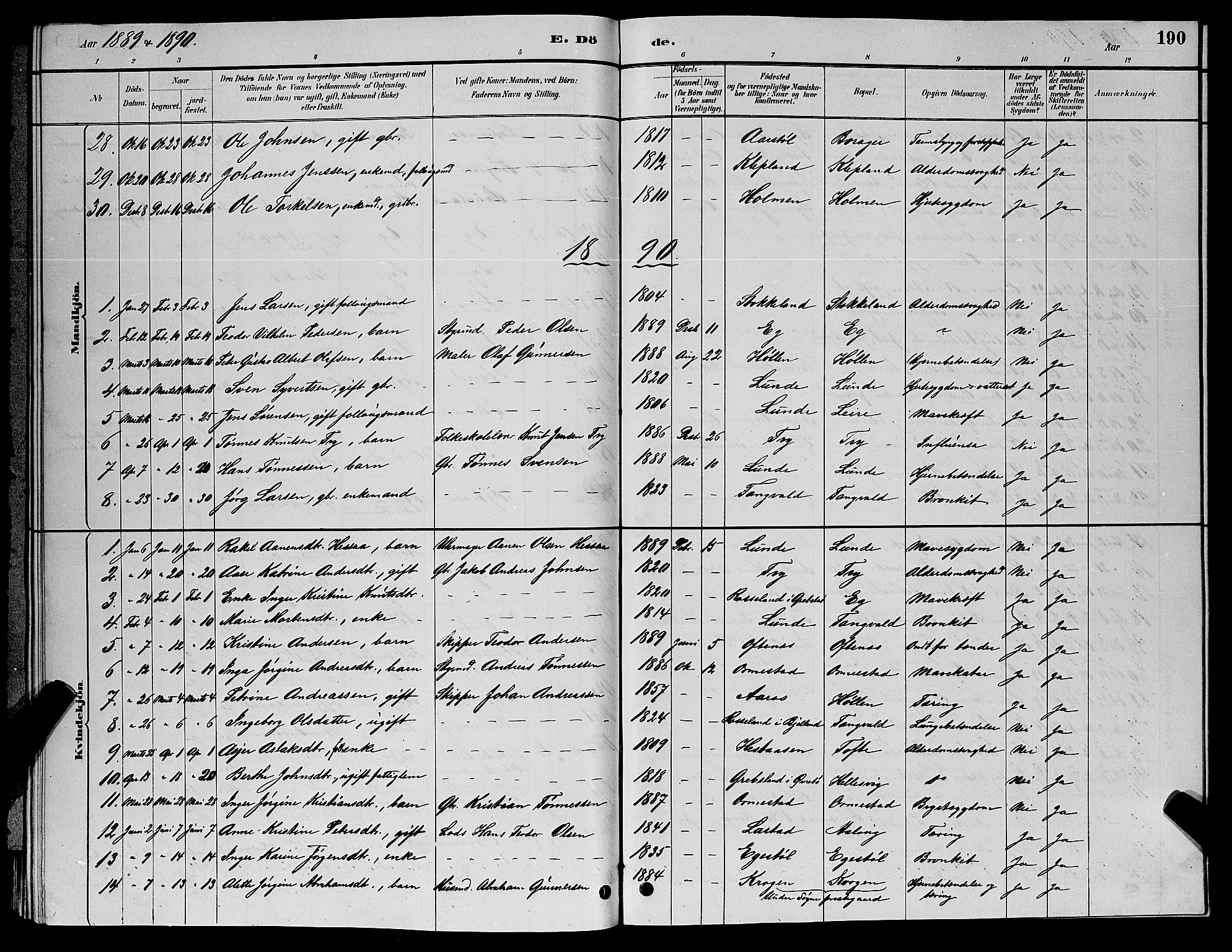 Søgne sokneprestkontor, SAK/1111-0037/F/Fb/Fbb/L0005: Parish register (copy) no. B 5, 1884-1891, p. 190