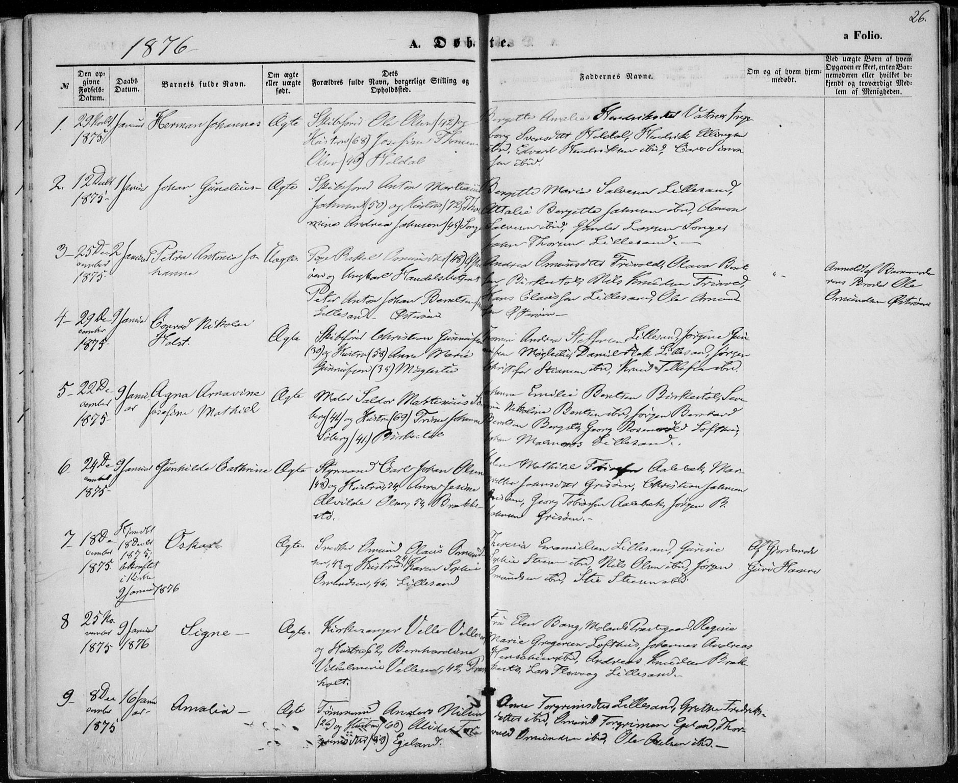 Vestre Moland sokneprestkontor, SAK/1111-0046/F/Fa/Fab/L0008: Parish register (official) no. A 8, 1873-1883, p. 26
