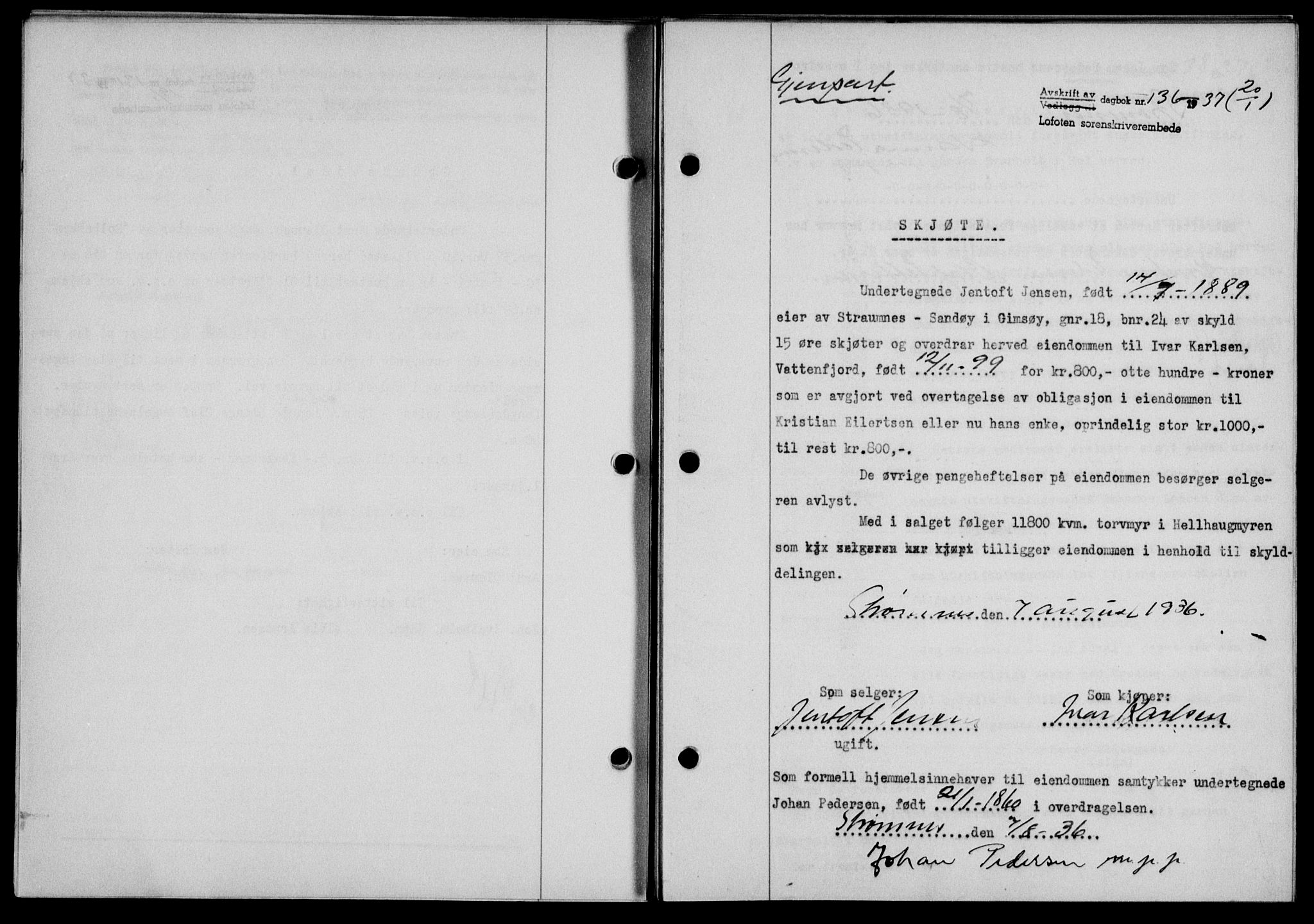 Lofoten sorenskriveri, SAT/A-0017/1/2/2C/L0001a: Mortgage book no. 1a, 1936-1937, Diary no: : 136/1937