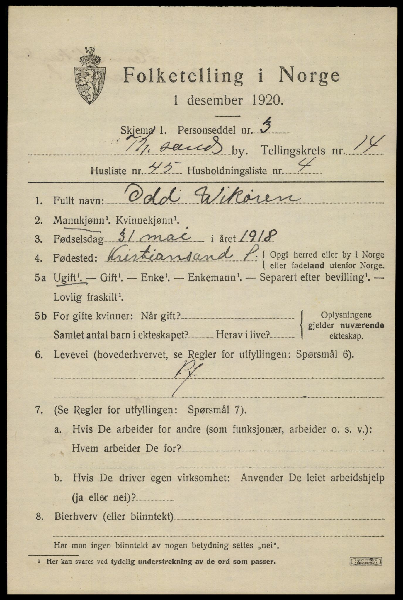 SAK, 1920 census for Kristiansand, 1920, p. 29671