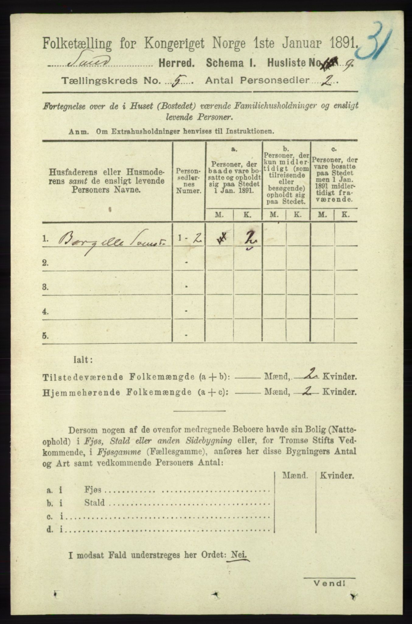 RA, 1891 census for 1136 Sand, 1891, p. 1493