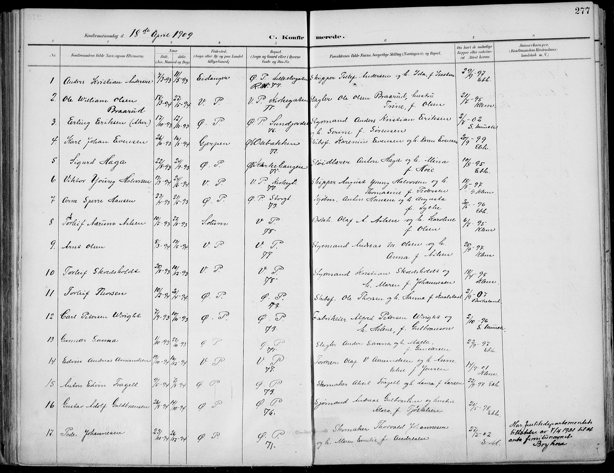 Porsgrunn kirkebøker , AV/SAKO-A-104/F/Fa/L0011: Parish register (official) no. 11, 1895-1919, p. 277