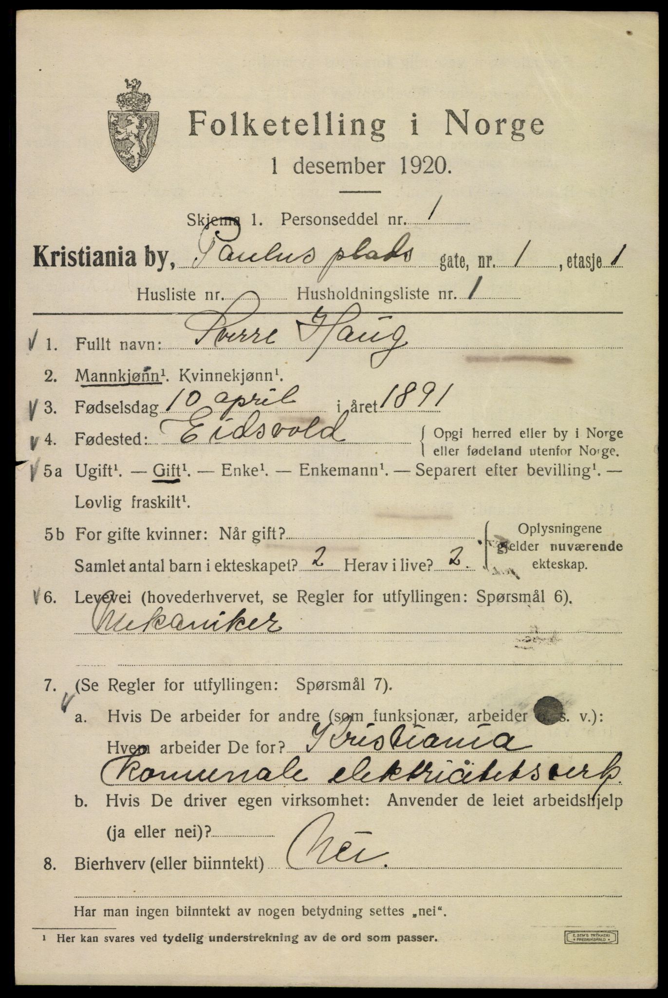 SAO, 1920 census for Kristiania, 1920, p. 445667