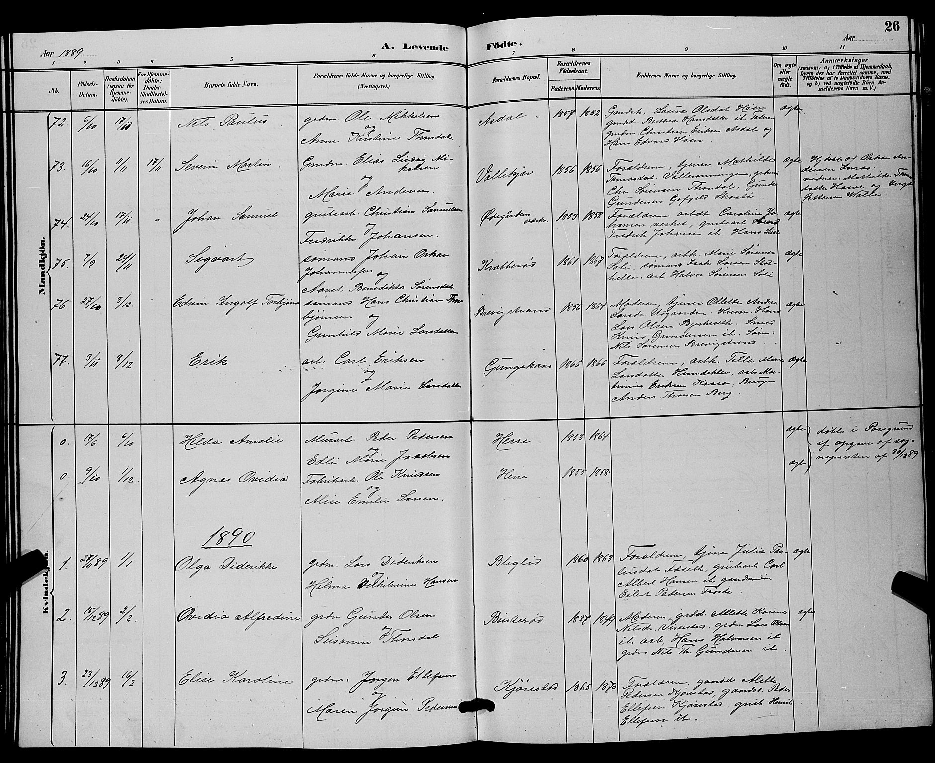 Bamble kirkebøker, SAKO/A-253/G/Ga/L0009: Parish register (copy) no. I 9, 1888-1900, p. 26