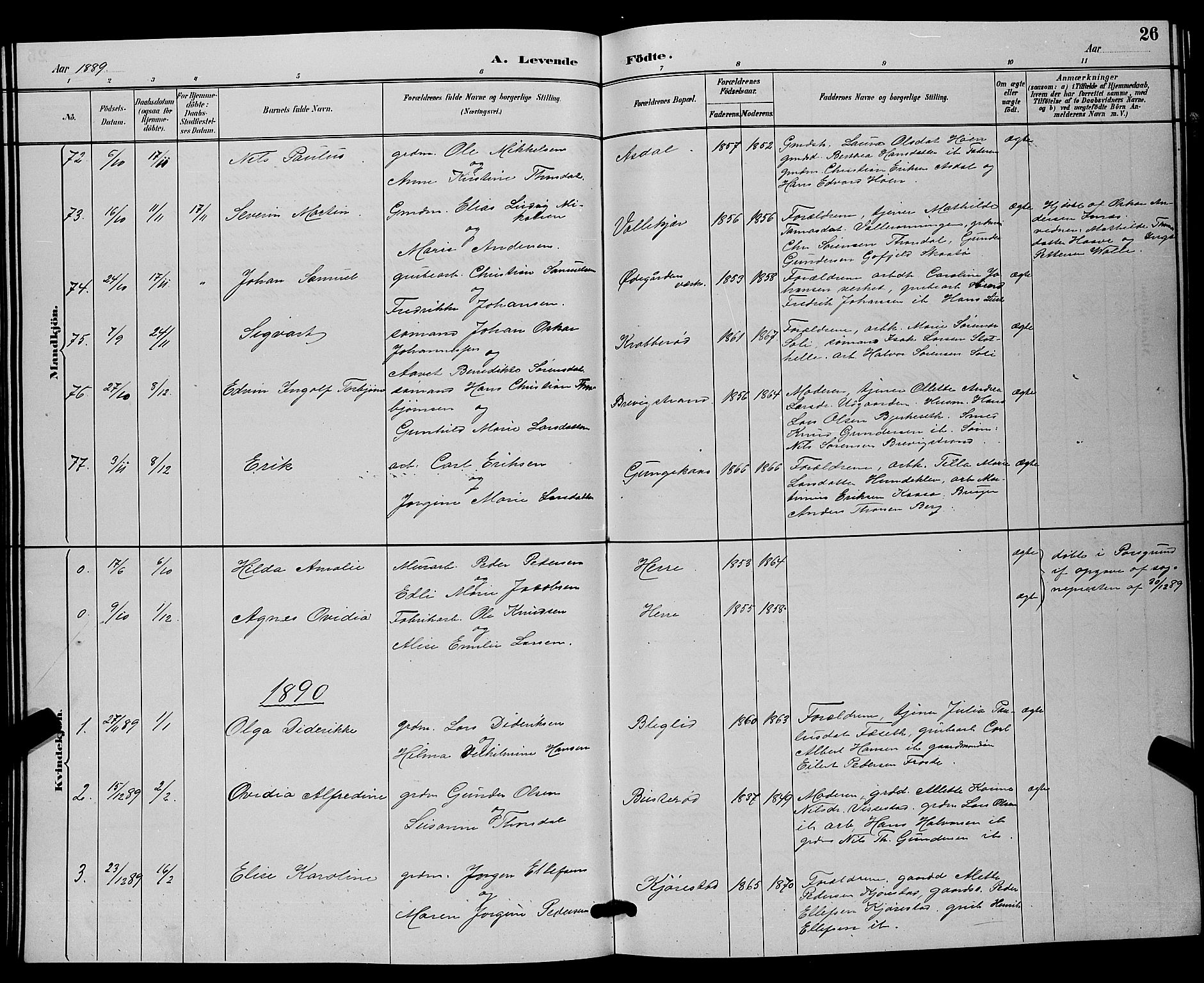 Bamble kirkebøker, AV/SAKO-A-253/G/Ga/L0009: Parish register (copy) no. I 9, 1888-1900, p. 26