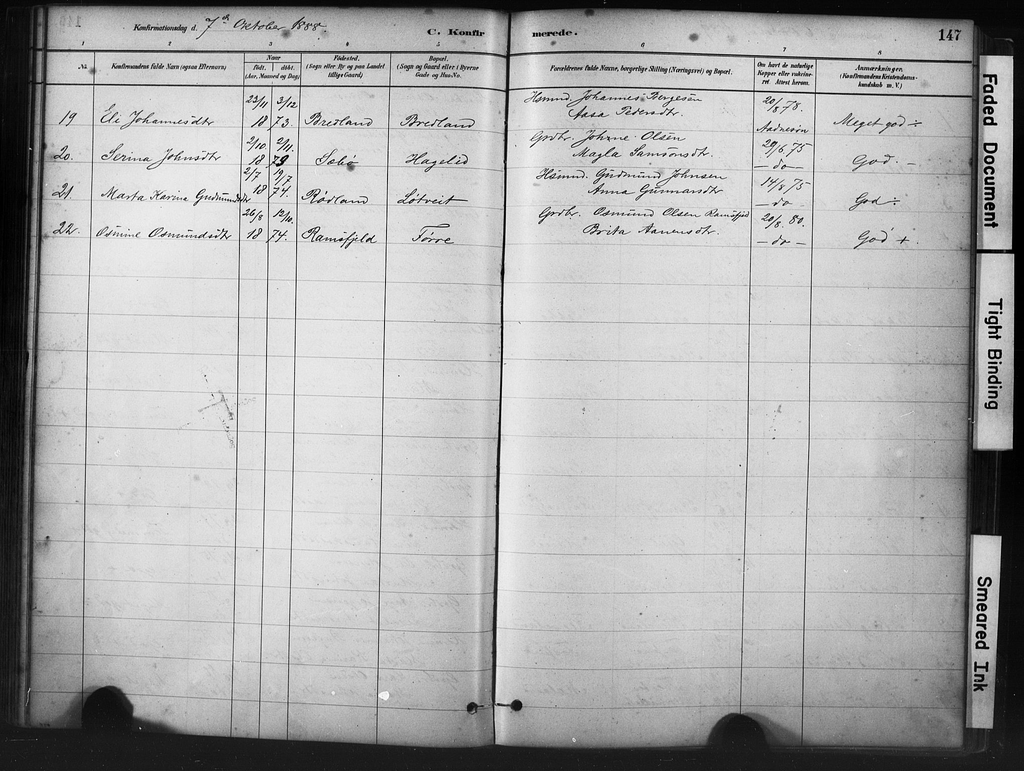 Hjelmeland sokneprestkontor, AV/SAST-A-101843/01/IV/L0014: Parish register (official) no. A 14, 1879-1900, p. 147