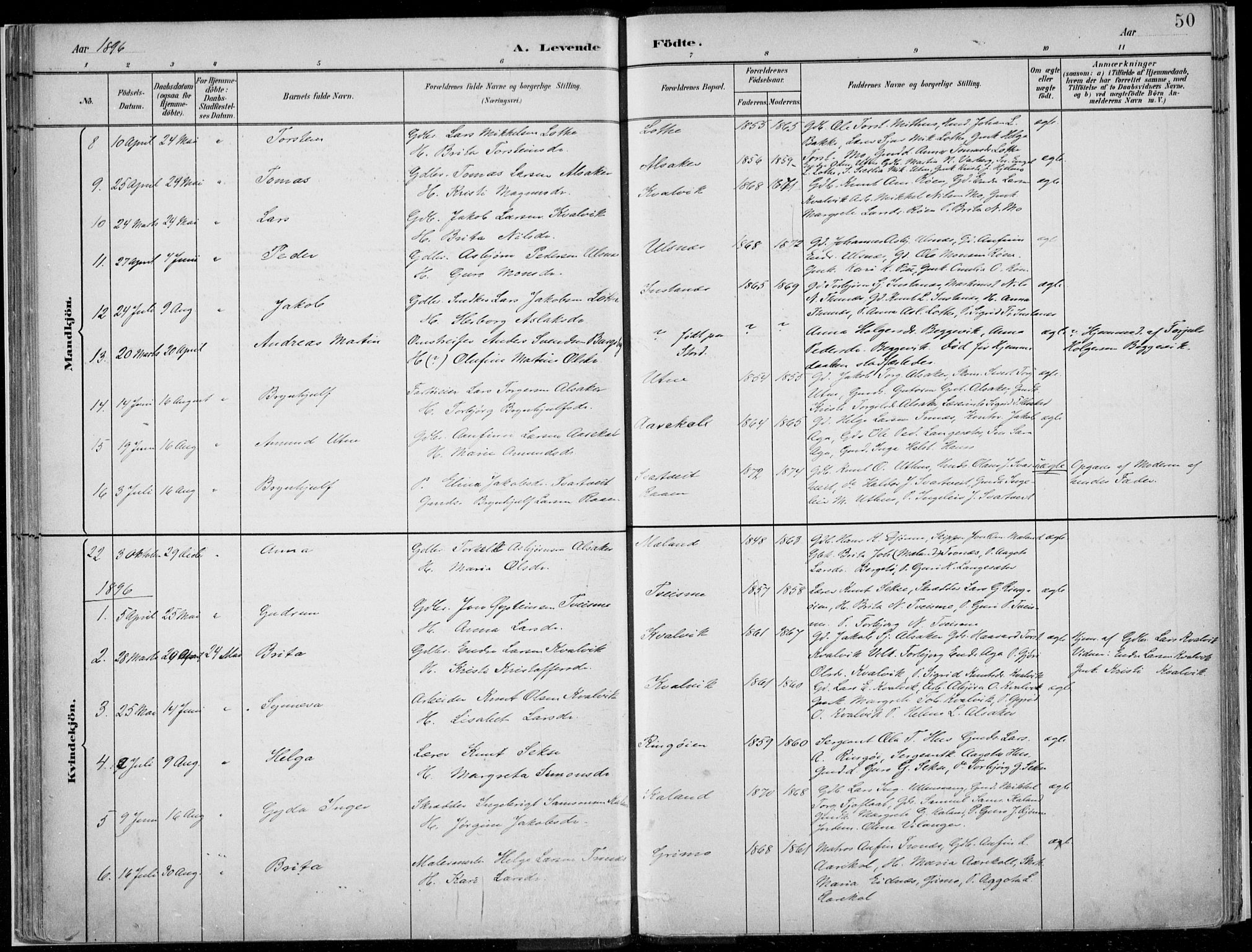 Ullensvang sokneprestembete, SAB/A-78701/H/Haa: Parish register (official) no. E  1, 1882-1921, p. 50