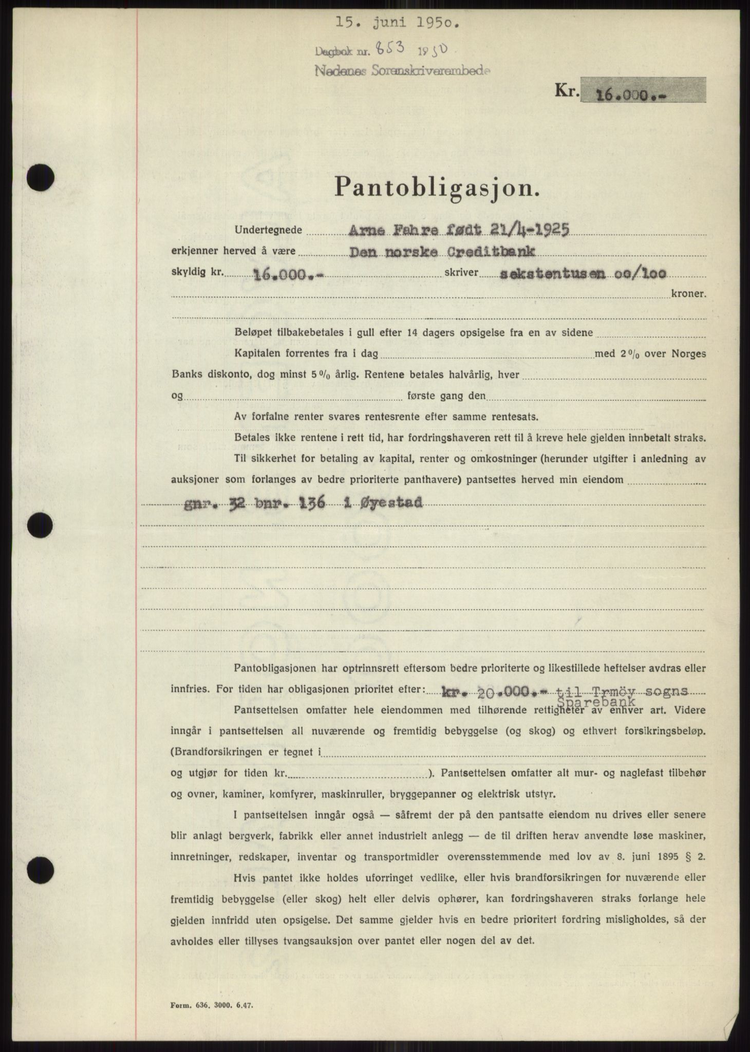 Nedenes sorenskriveri, AV/SAK-1221-0006/G/Gb/Gbb/L0007: Mortgage book no. B7, 1949-1950, Diary no: : 853/1950