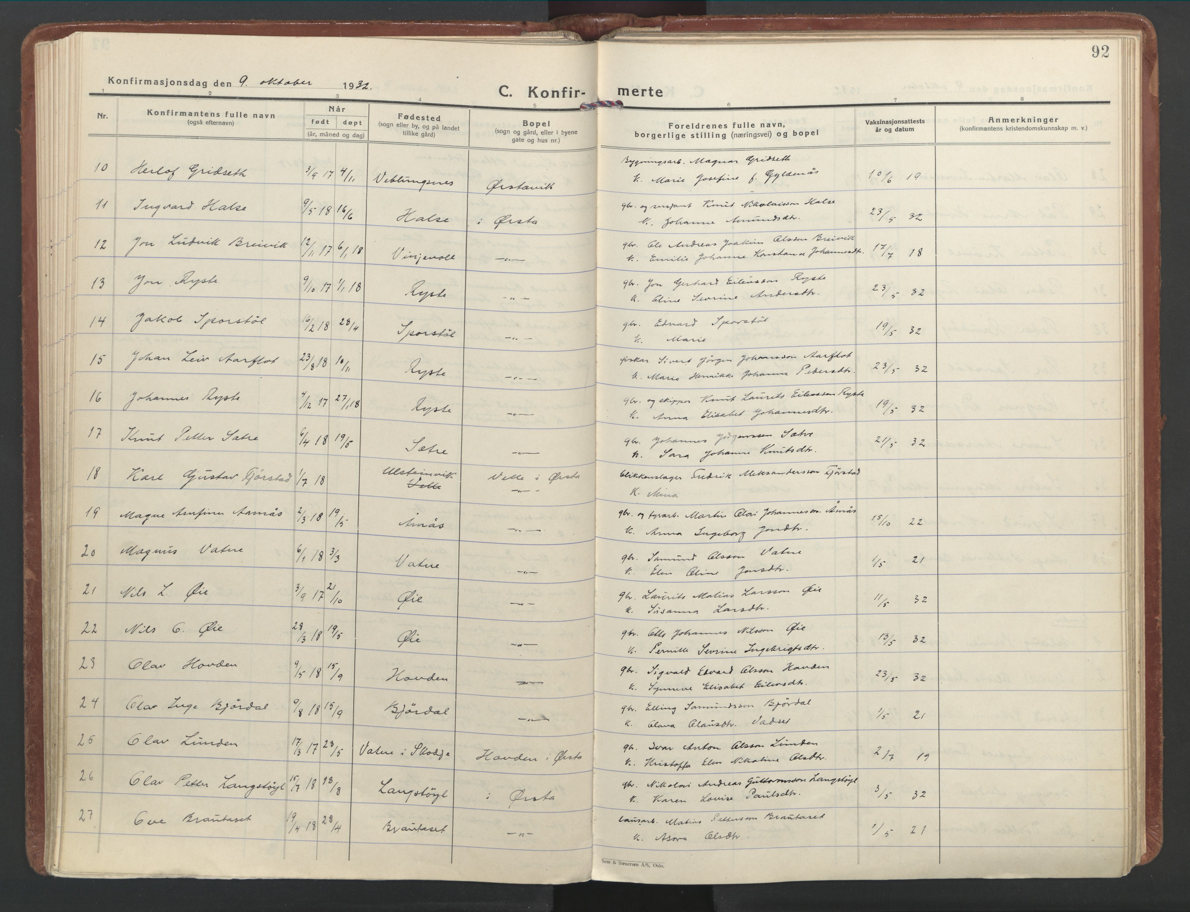 Ministerialprotokoller, klokkerbøker og fødselsregistre - Møre og Romsdal, AV/SAT-A-1454/513/L0181: Parish register (official) no. 513A08, 1930-1943, p. 92