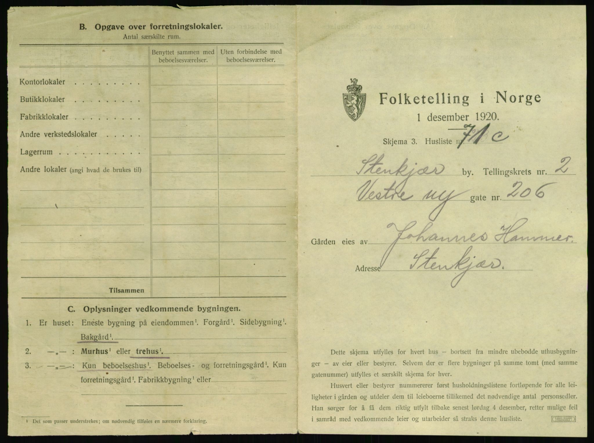 SAT, 1920 census for Steinkjer, 1920, p. 416