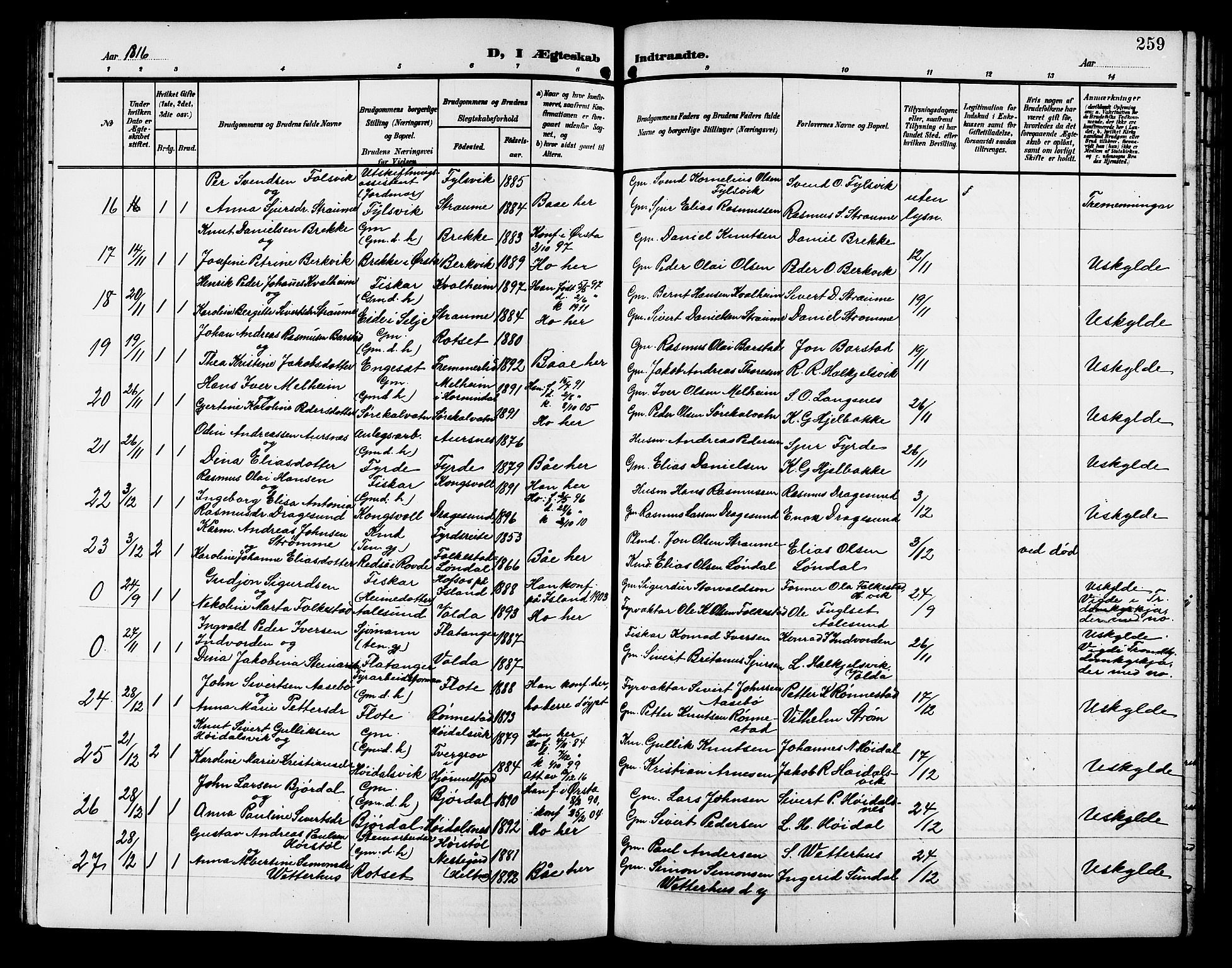 Ministerialprotokoller, klokkerbøker og fødselsregistre - Møre og Romsdal, SAT/A-1454/511/L0159: Parish register (copy) no. 511C05, 1902-1920, p. 259