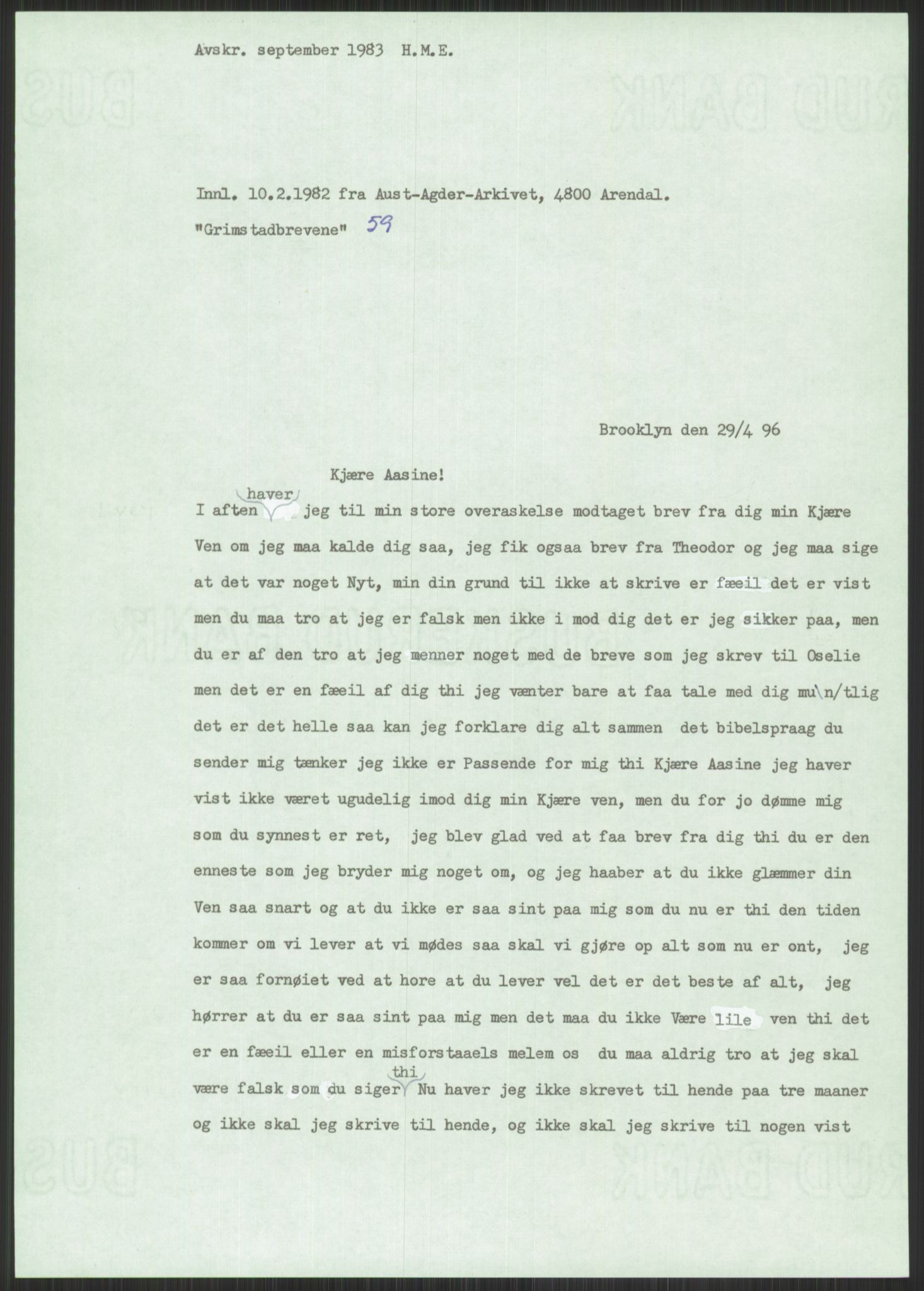 Samlinger til kildeutgivelse, Amerikabrevene, RA/EA-4057/F/L0025: Innlån fra Aust-Agder: Aust-Agder-Arkivet, Grimstadbrevene, 1838-1914, p. 603