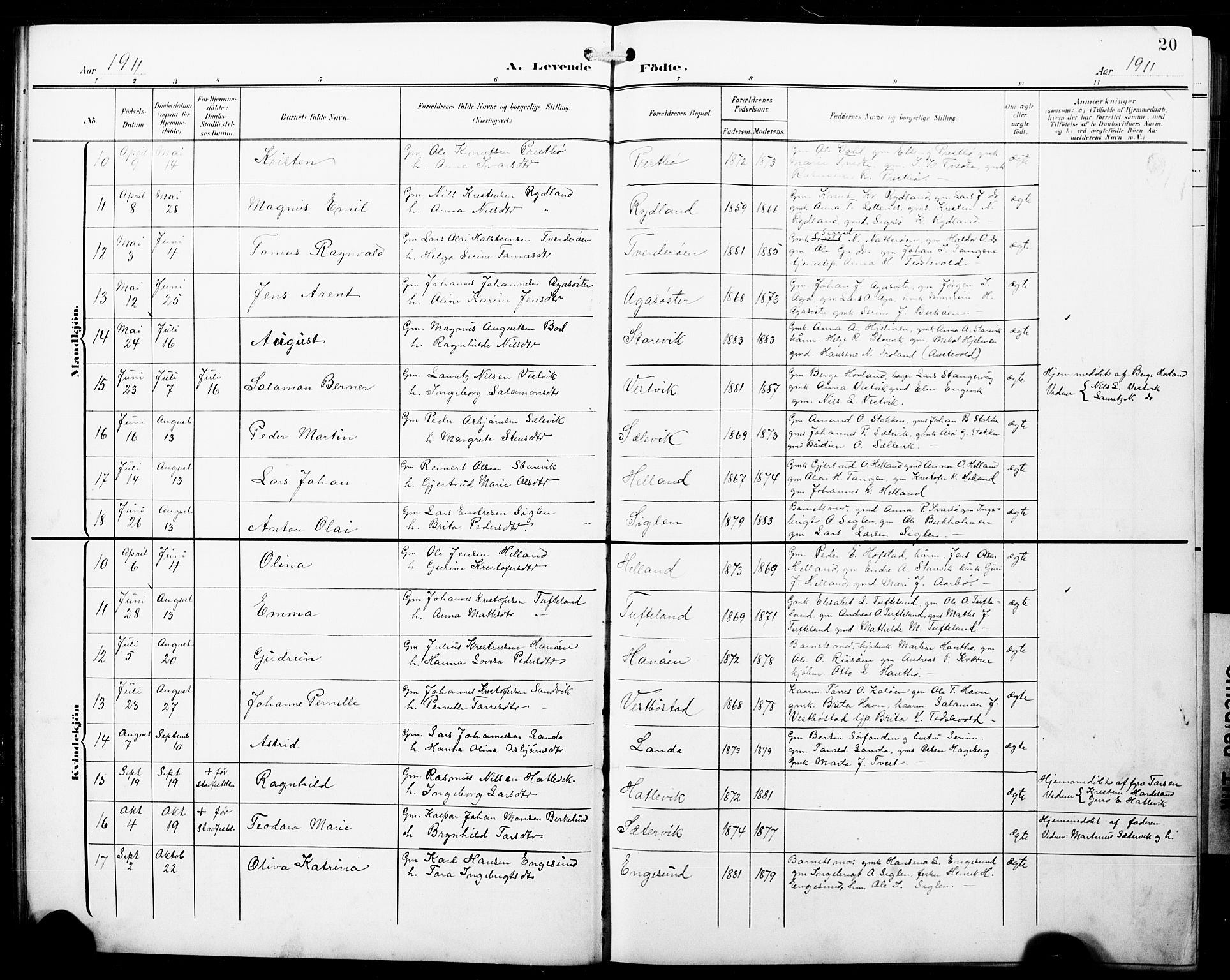 Fitjar sokneprestembete, SAB/A-99926: Parish register (copy) no. B 1, 1906-1928, p. 20