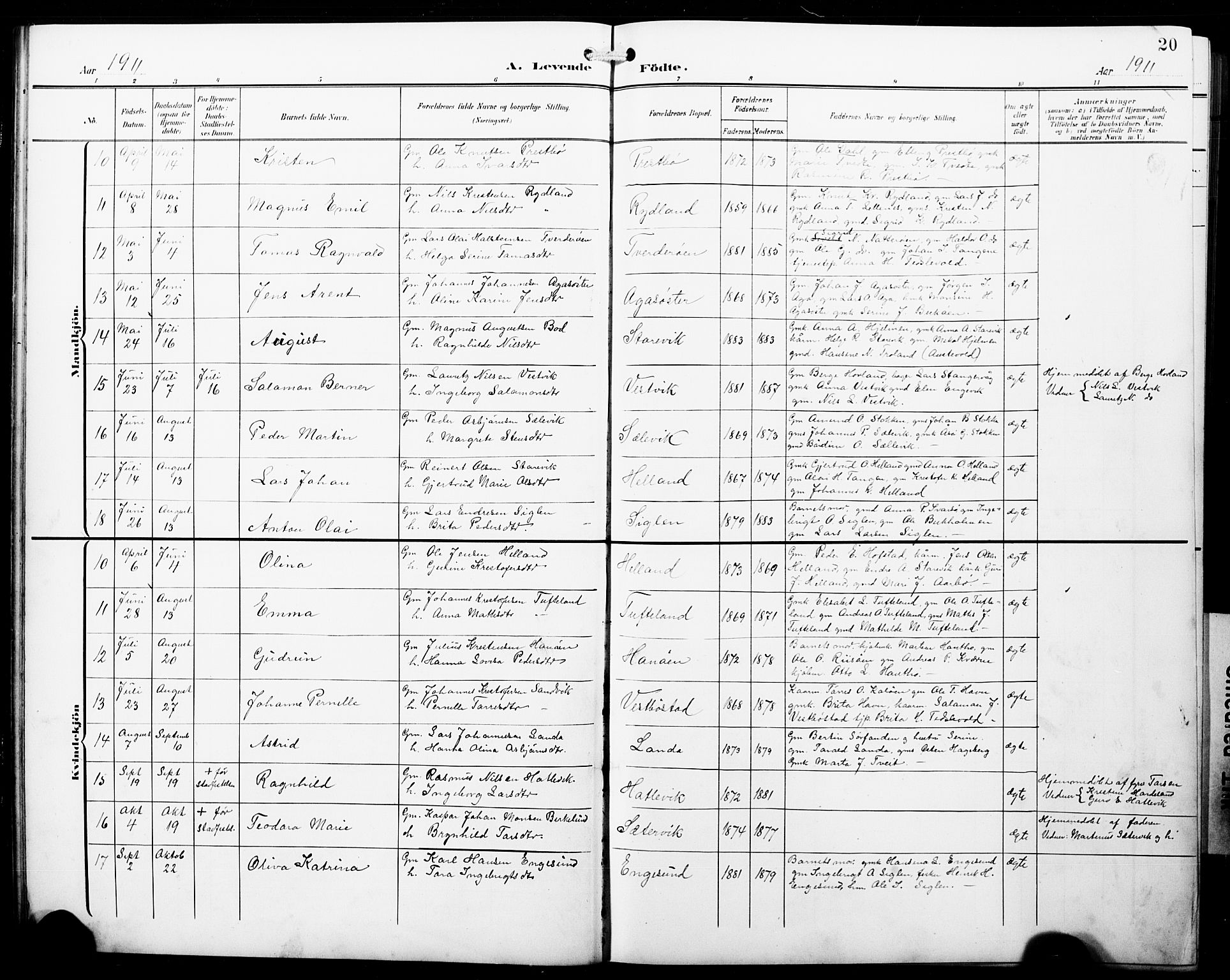 Fitjar sokneprestembete, AV/SAB-A-99926: Parish register (copy) no. B 1, 1906-1928, p. 20