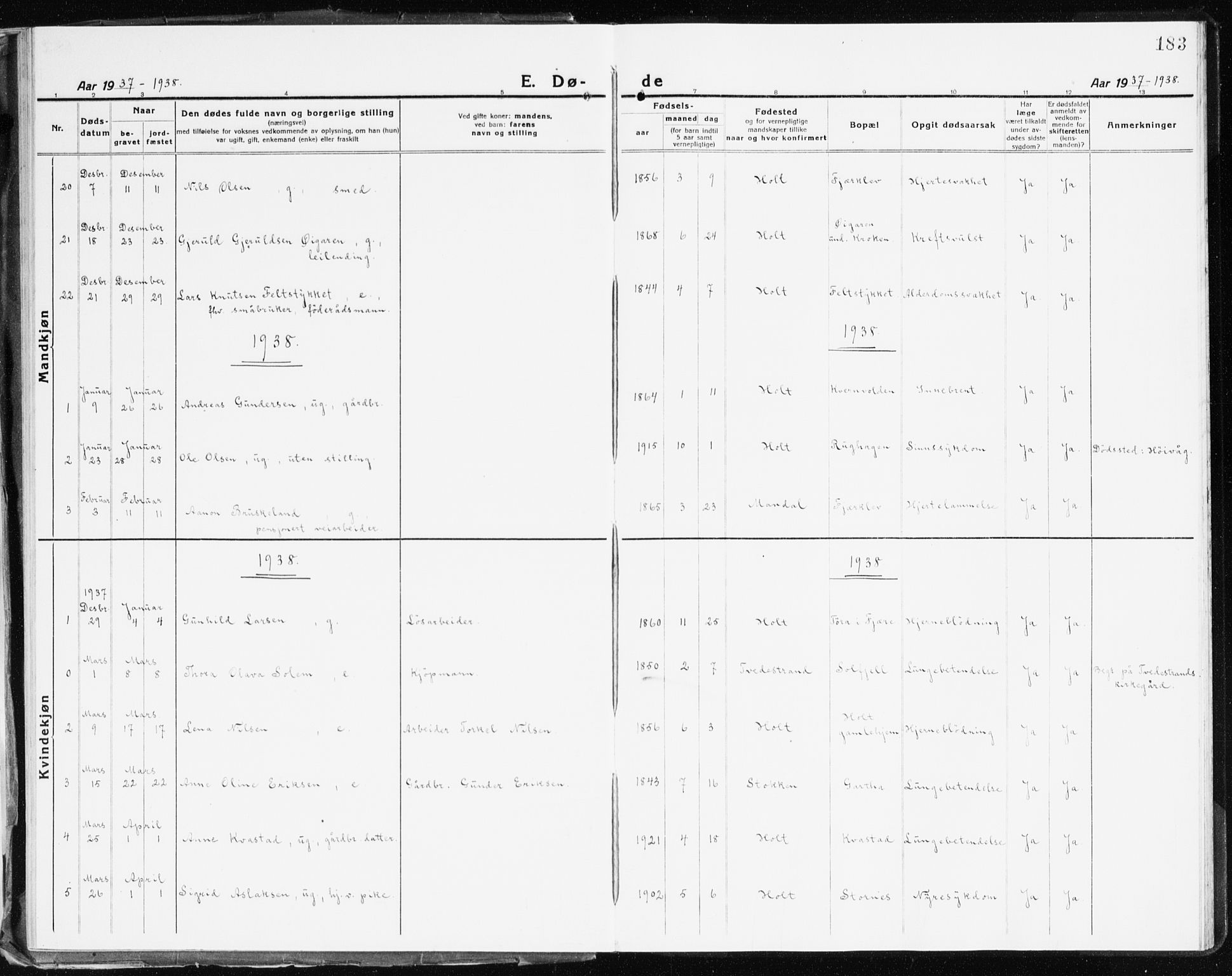 Holt sokneprestkontor, AV/SAK-1111-0021/F/Fb/L0012: Parish register (copy) no. B 12, 1919-1944, p. 183