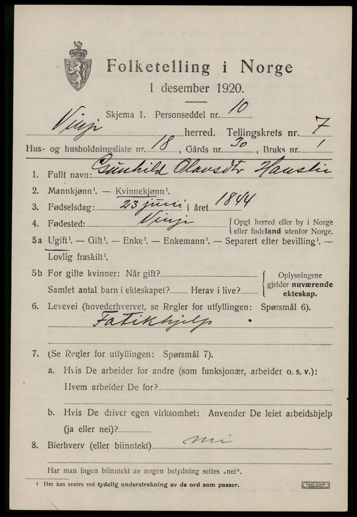 SAKO, 1920 census for Vinje, 1920, p. 2195