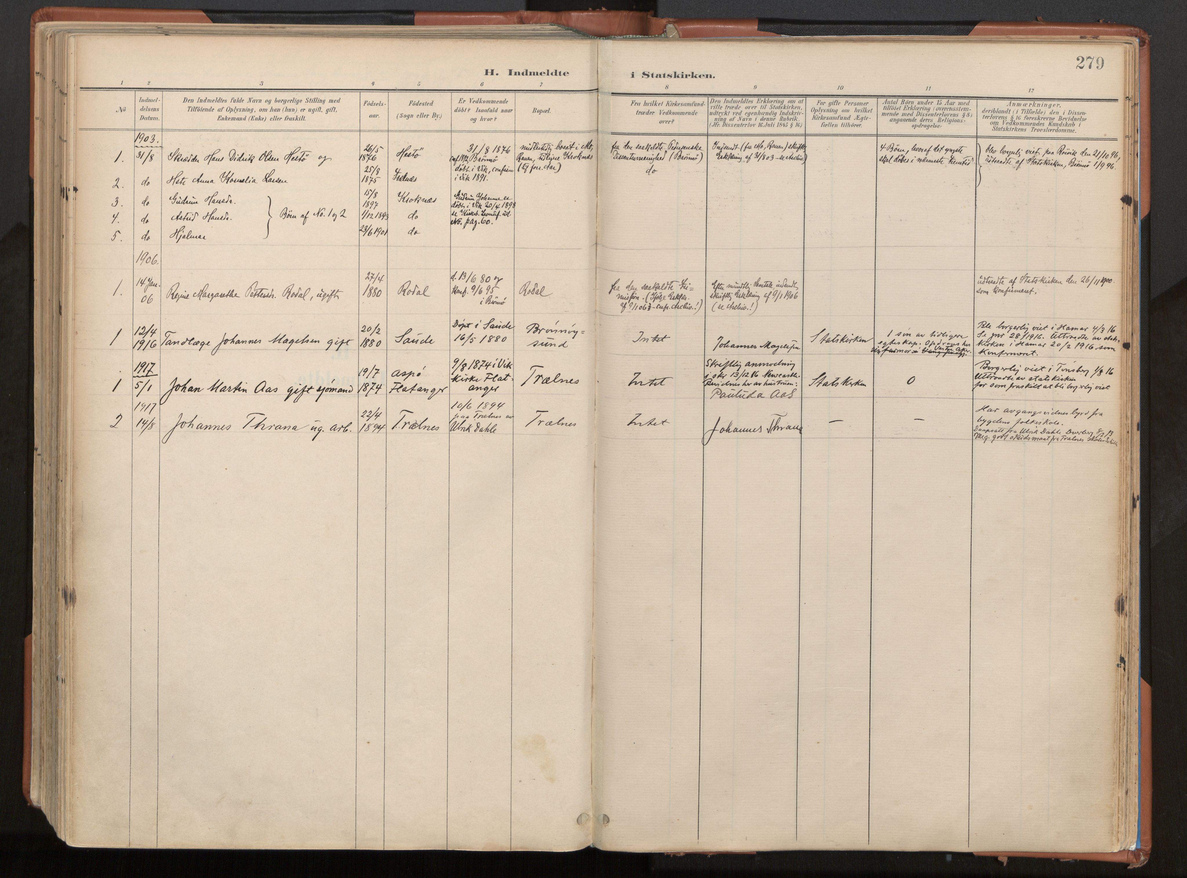 Ministerialprotokoller, klokkerbøker og fødselsregistre - Nordland, AV/SAT-A-1459/813/L0201: Parish register (official) no. 813A11, 1901-1918, p. 279