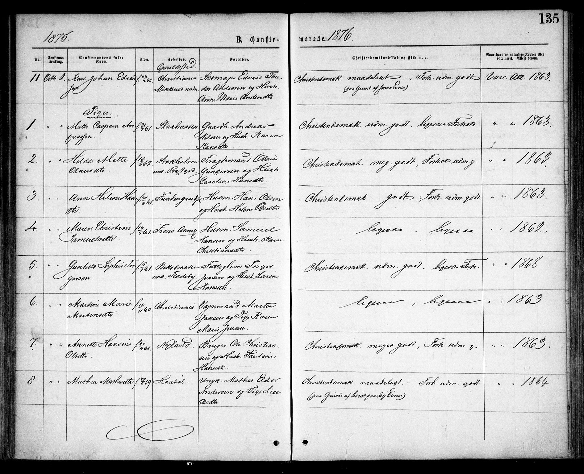 Nesodden prestekontor Kirkebøker, AV/SAO-A-10013/F/Fa/L0008: Parish register (official) no. I 8, 1869-1879, p. 135