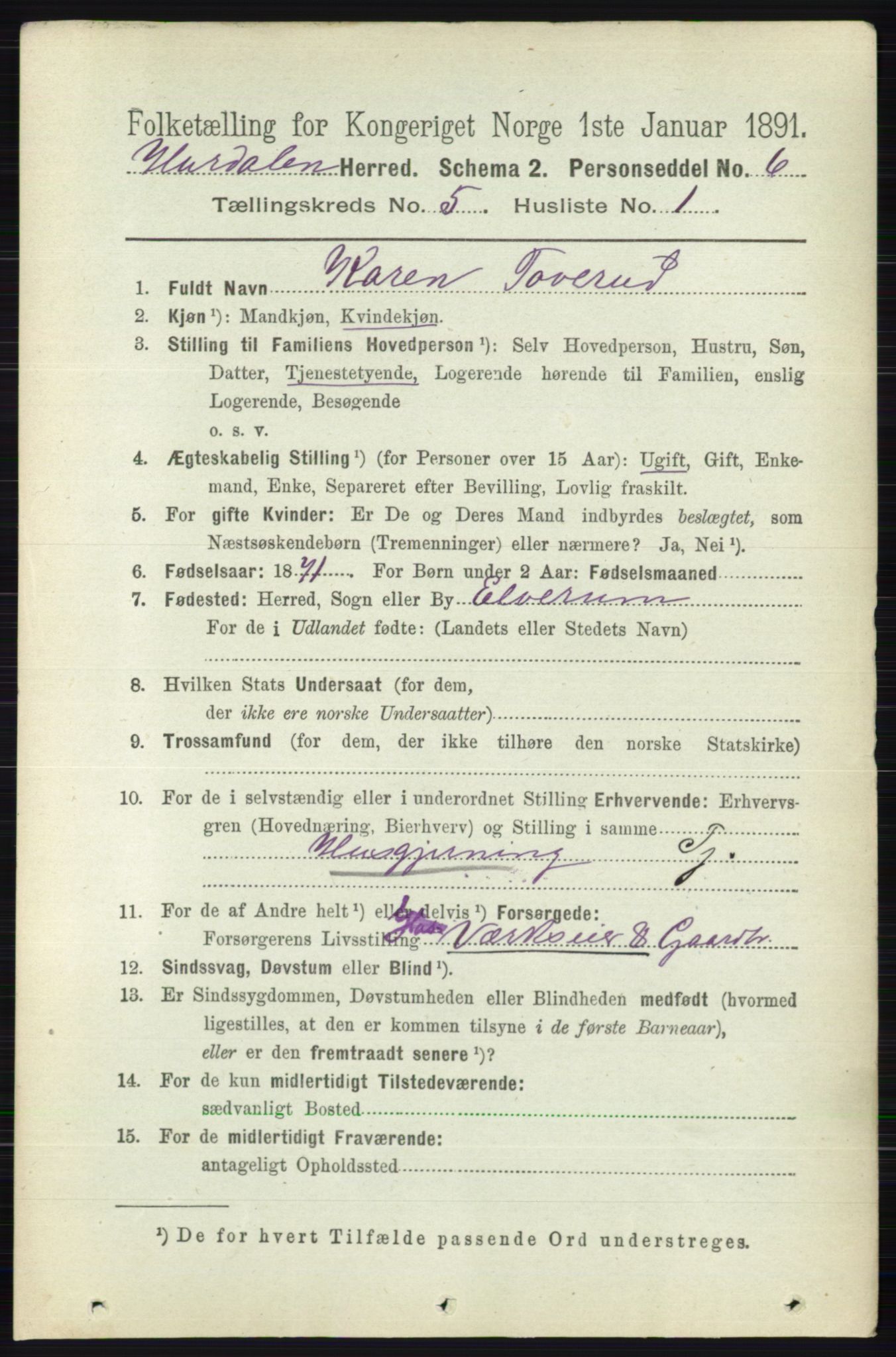 RA, 1891 census for 0239 Hurdal, 1891, p. 2022