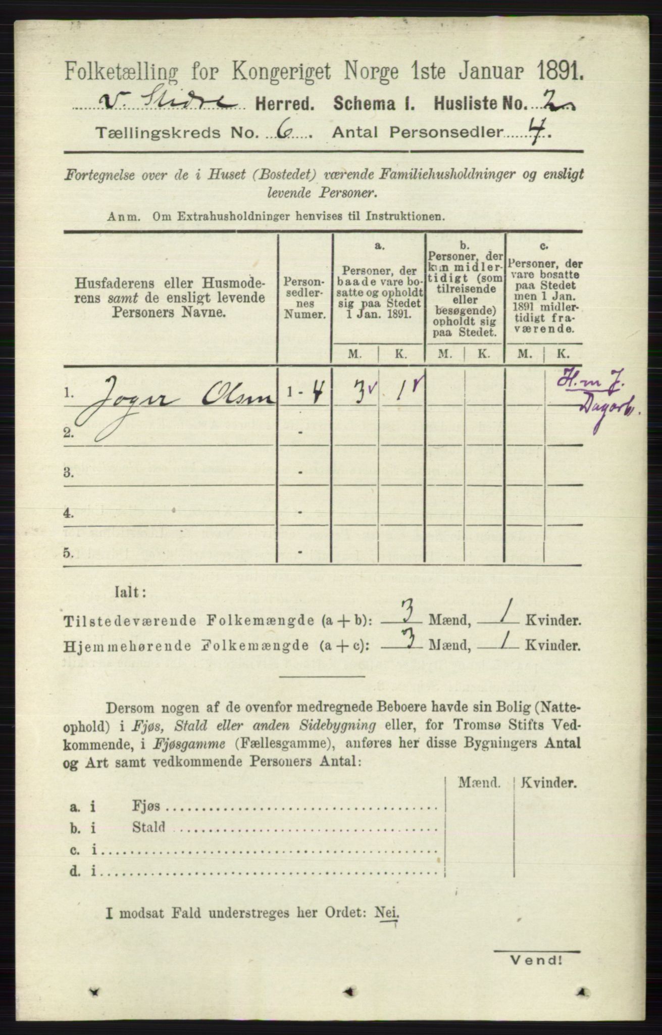 RA, 1891 census for 0543 Vestre Slidre, 1891, p. 1990