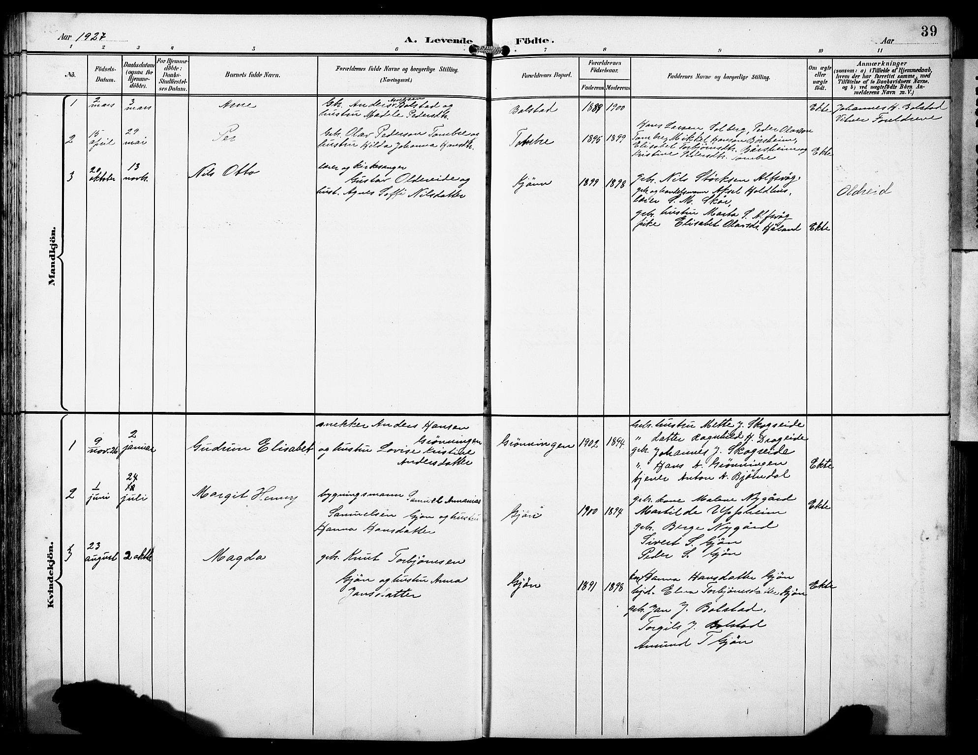Fusa sokneprestembete, SAB/A-75401/H/Hab: Parish register (copy) no. B 2, 1897-1930, p. 39