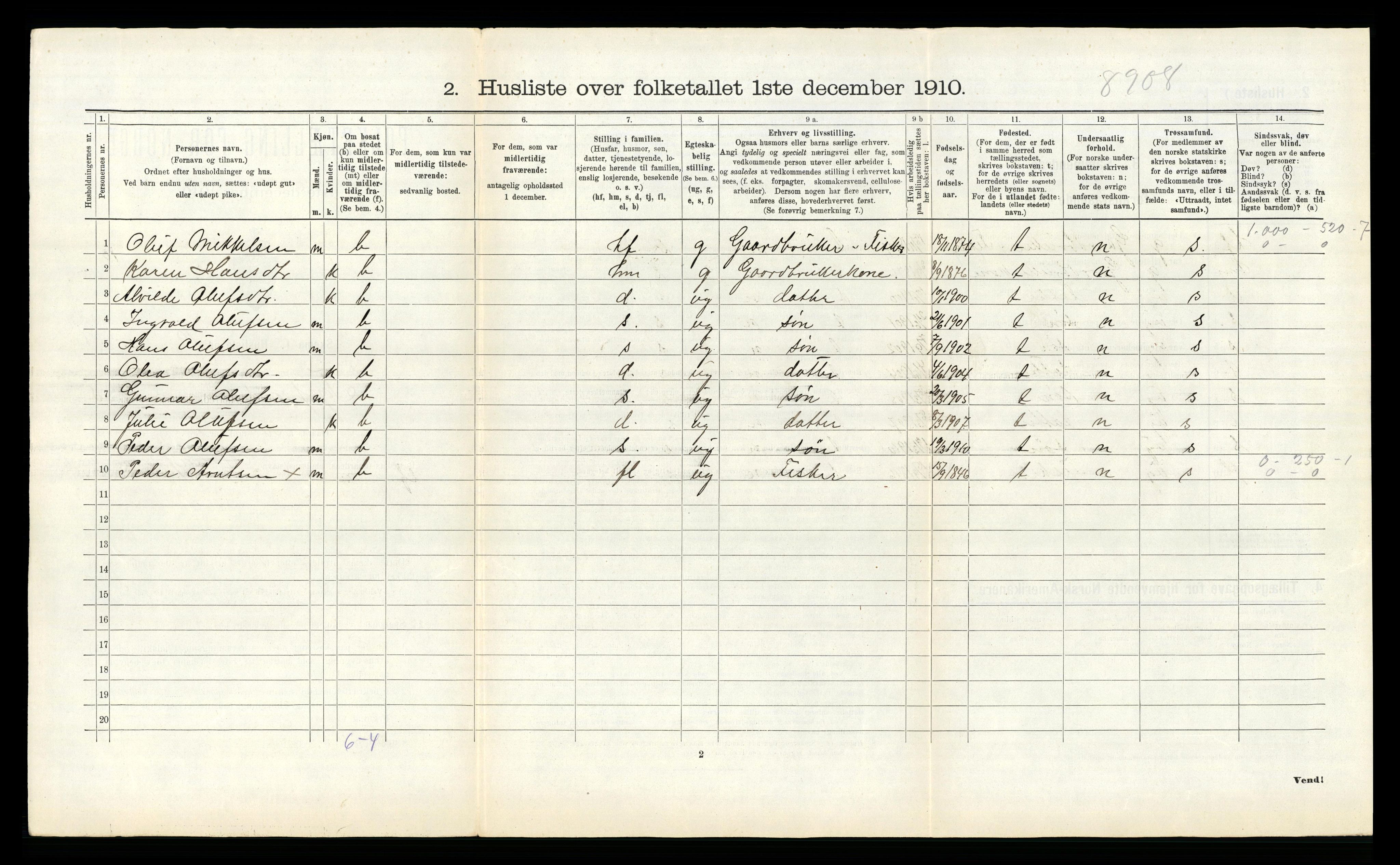 RA, 1910 census for Tysfjord, 1910, p. 706