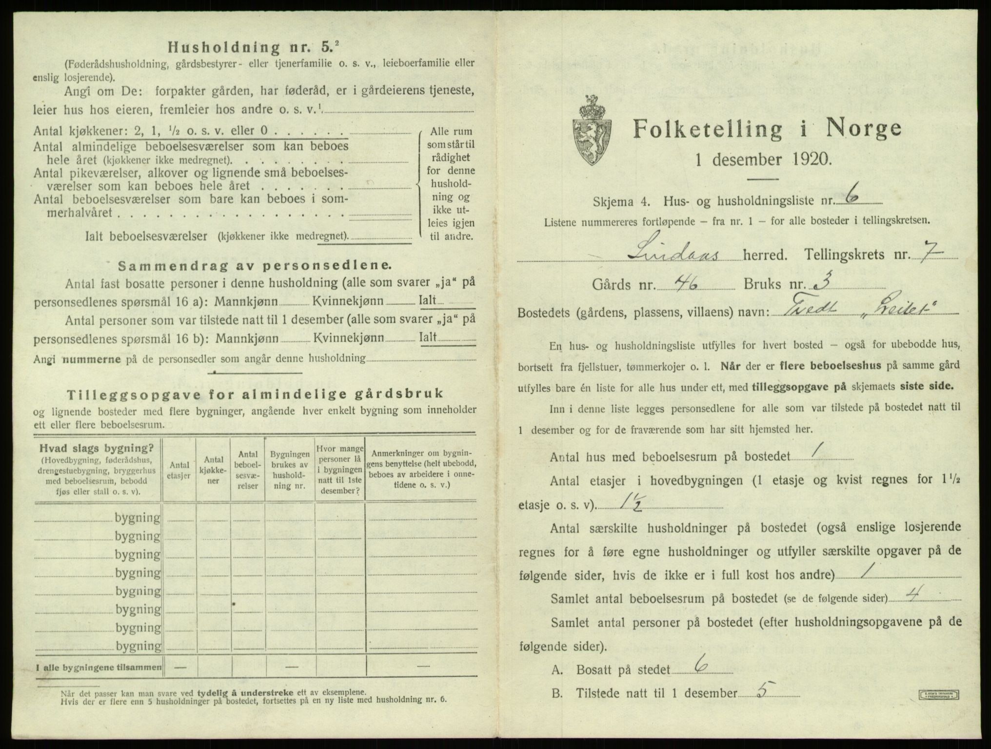 SAB, 1920 census for Lindås, 1920, p. 479