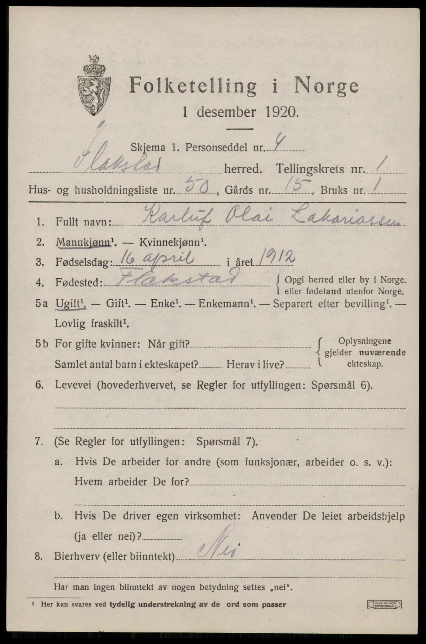 SAT, 1920 census for Flakstad, 1920, p. 1207
