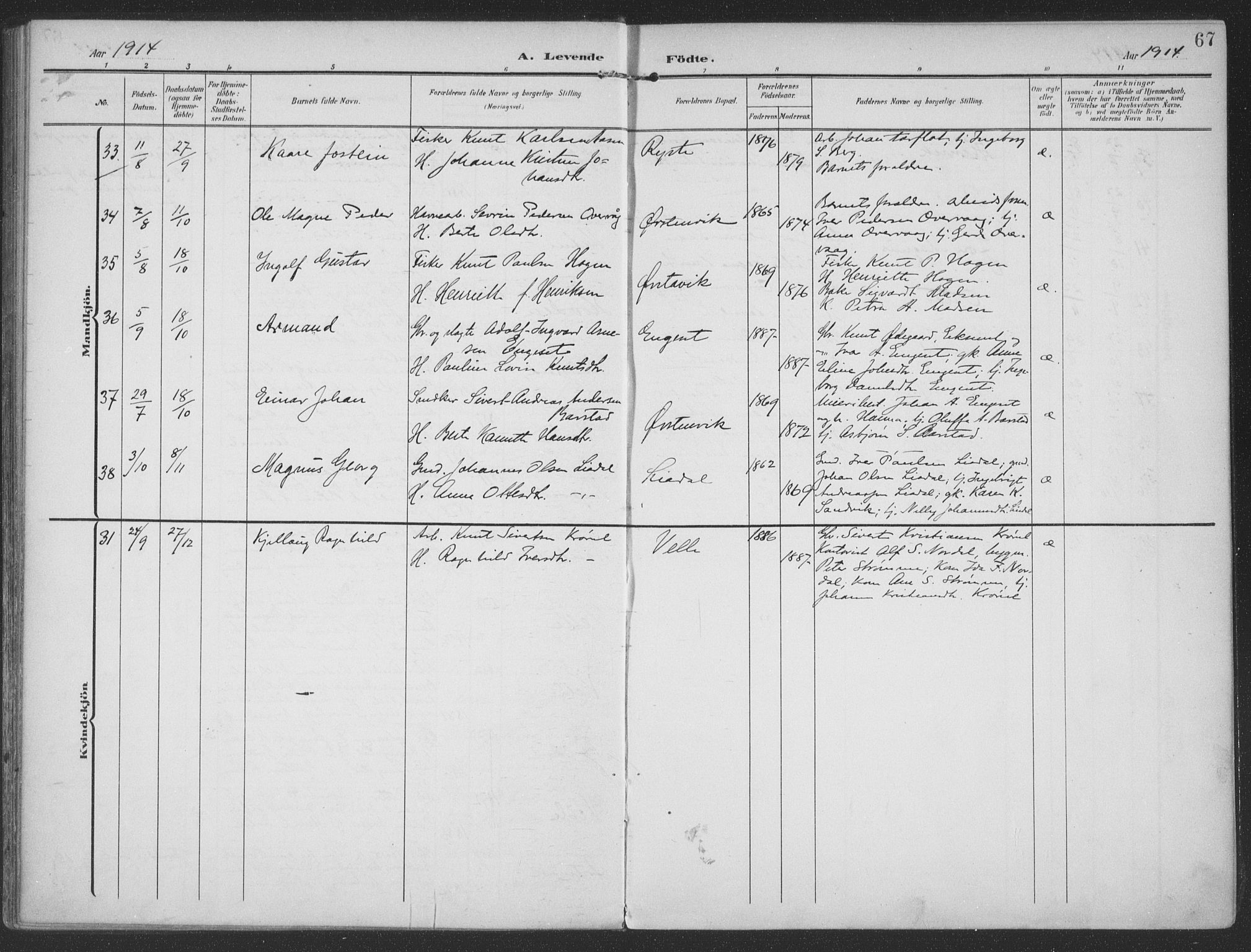 Ministerialprotokoller, klokkerbøker og fødselsregistre - Møre og Romsdal, AV/SAT-A-1454/513/L0178: Parish register (official) no. 513A05, 1906-1919, p. 67